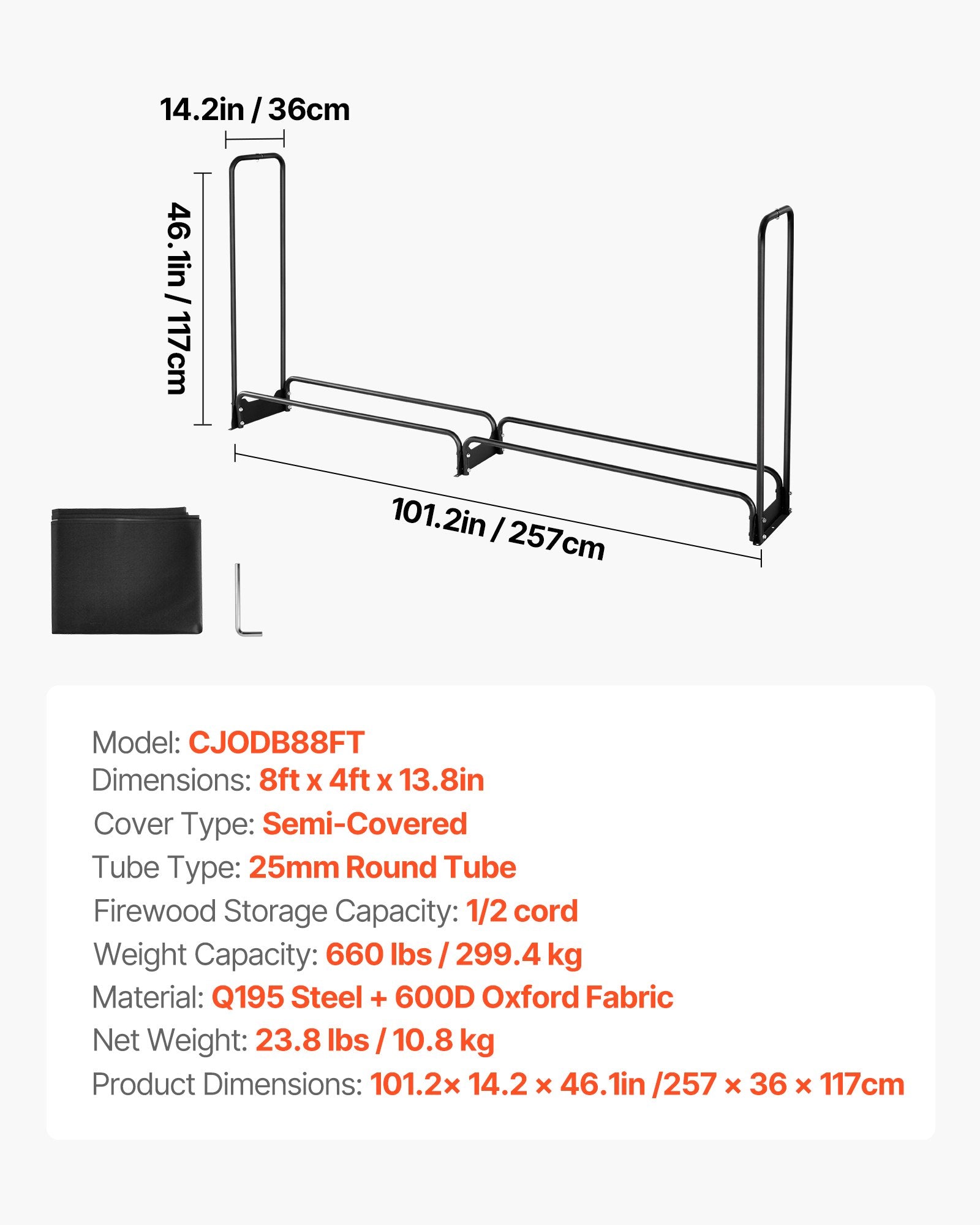 Firewood Rack with Waterproof Cover, 2.57m Outdoor Firewood Holder, 1/2 Cord Storage Metal Log Holder, 299kg Max Weight Capacity, Top Covered, Powder-Coated Wood Storage Rack for Fireplace Deck