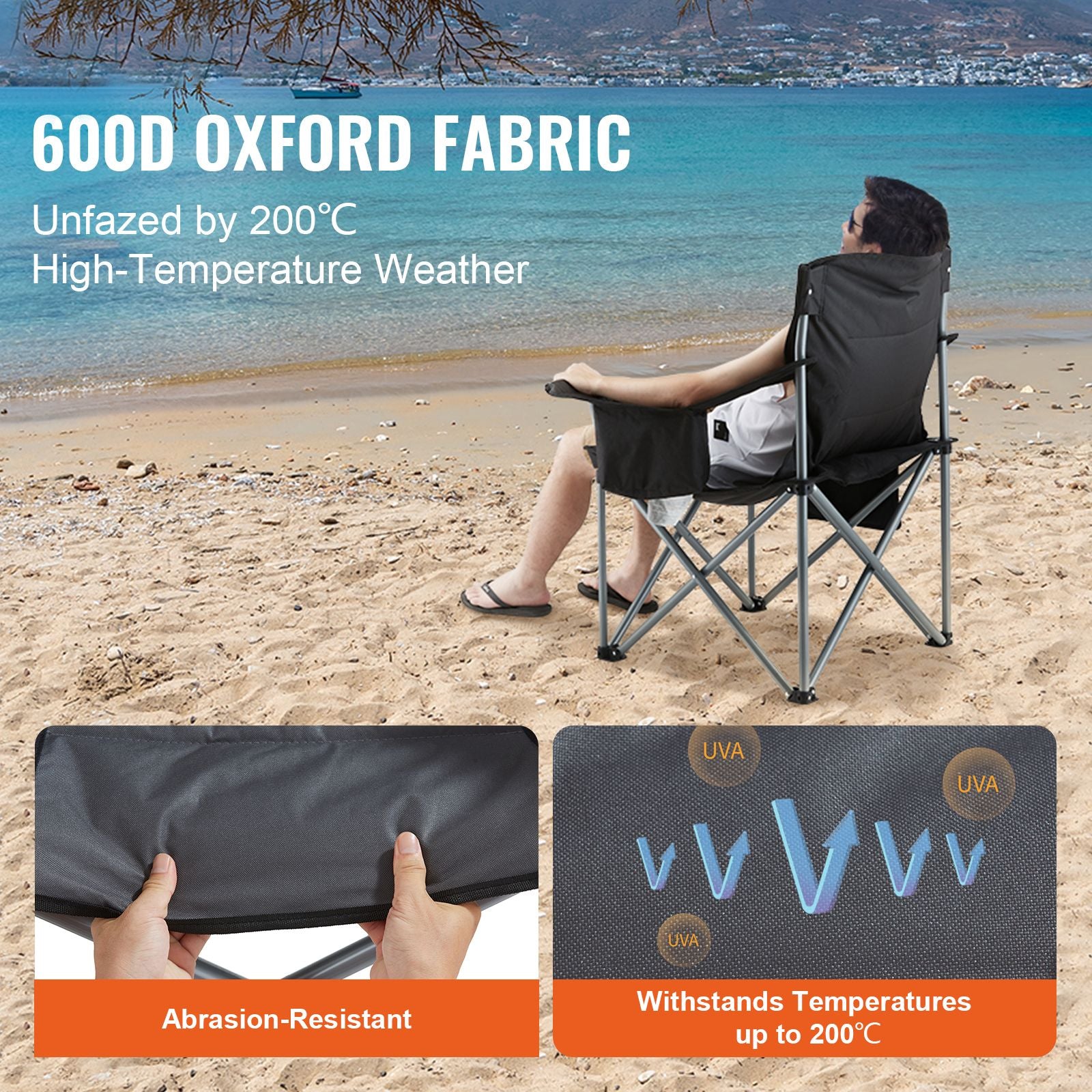 Heavy Duty Folding Camping Chair Padded Cooler Cup Holder 350lb Black