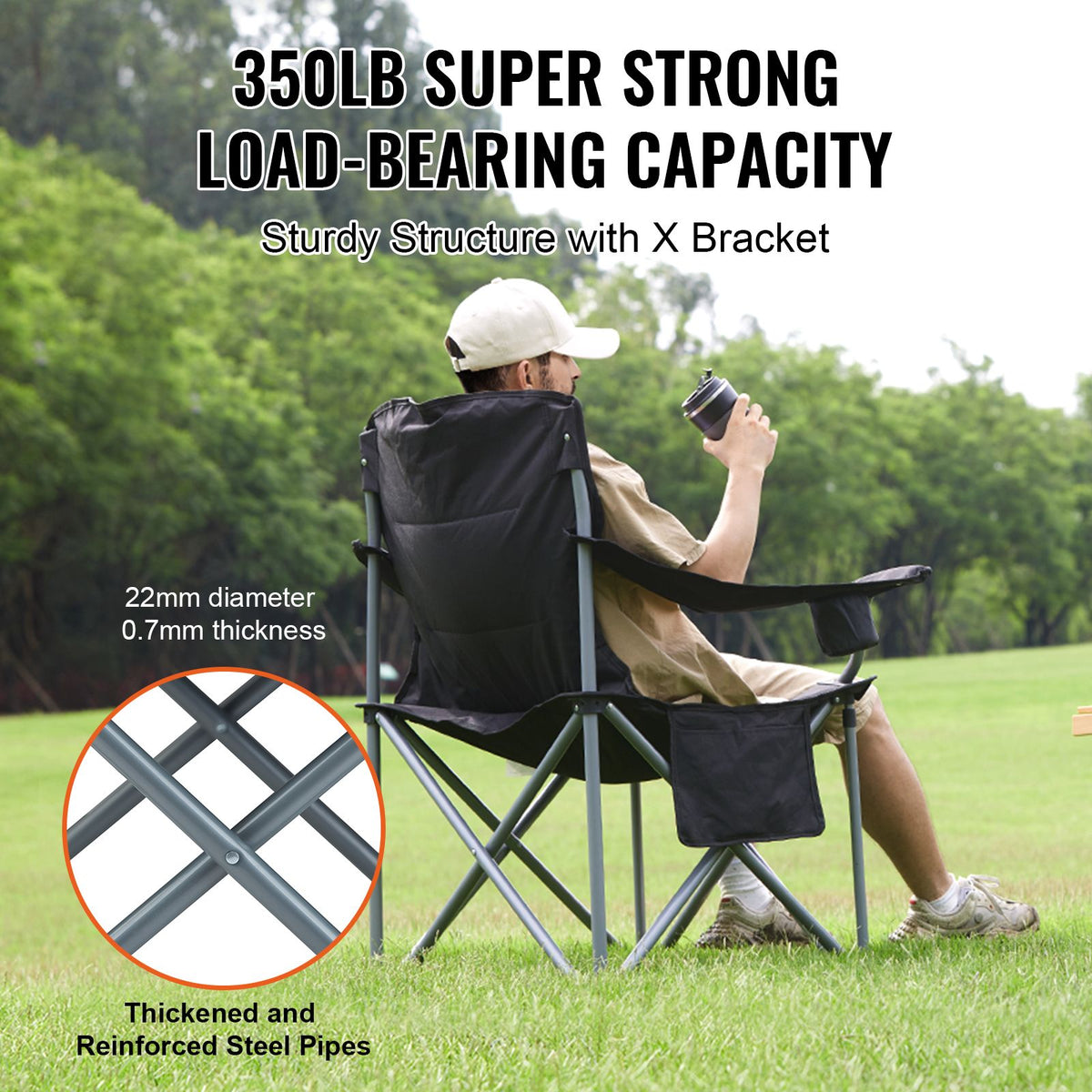 Heavy Duty Folding Camping Chair Padded Cooler Cup Holder 350lb Black