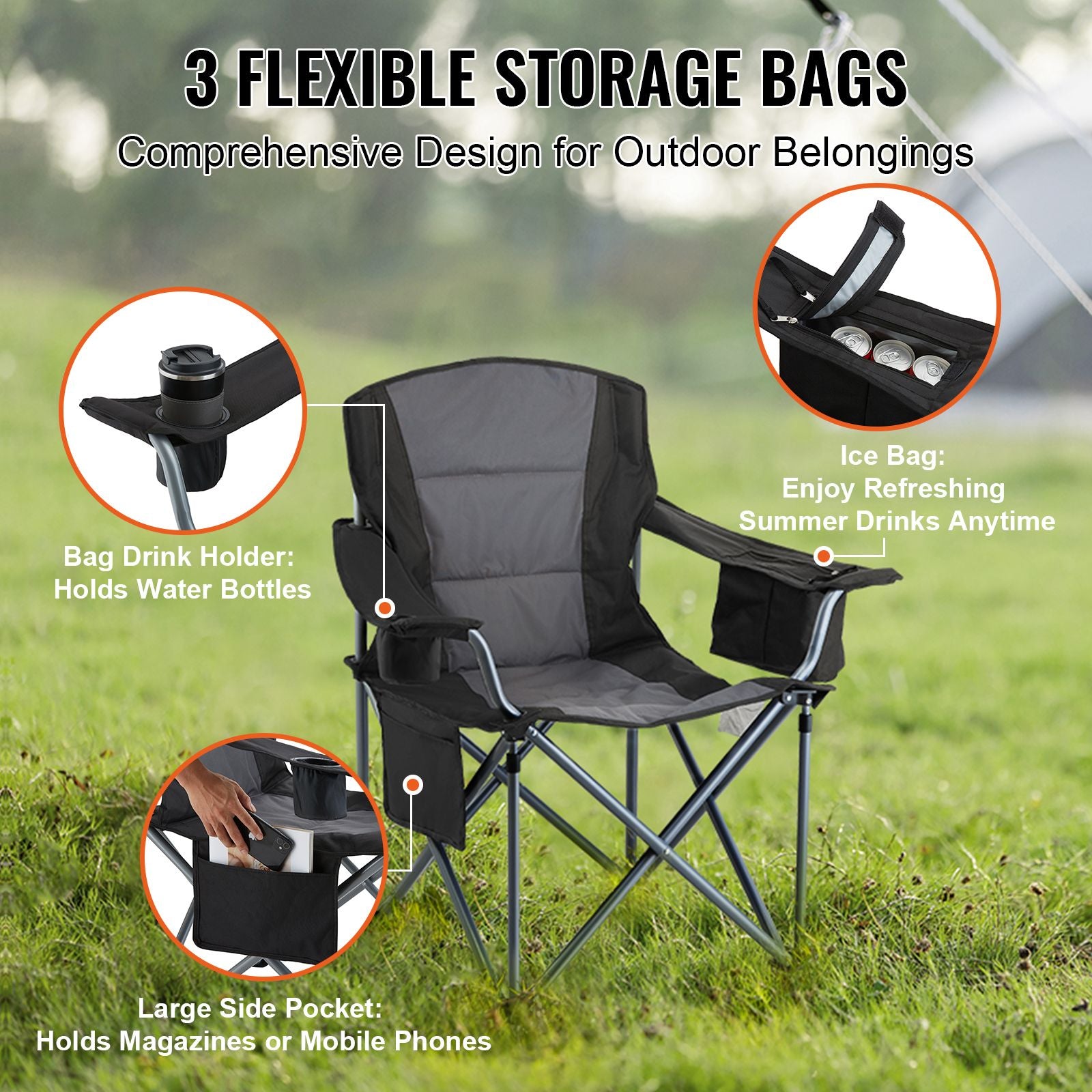Heavy Duty Folding Camping Chair Padded Cooler Cup Holder 350lb Black