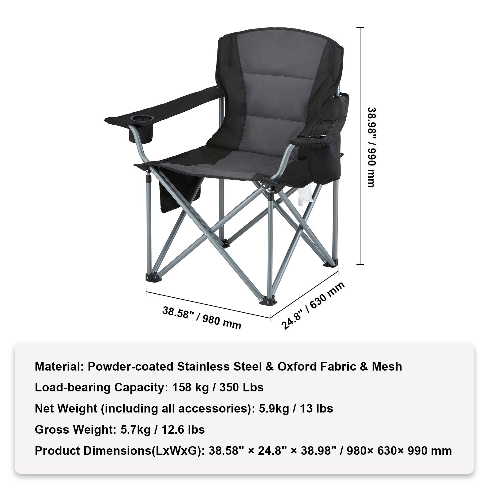 Heavy Duty Folding Camping Chair Padded Cooler Cup Holder 350lb Black