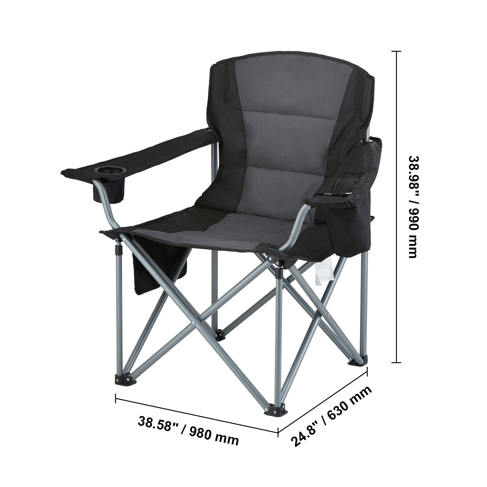 Heavy Duty Folding Camping Chair Padded Cooler Cup Holder 350lb Black