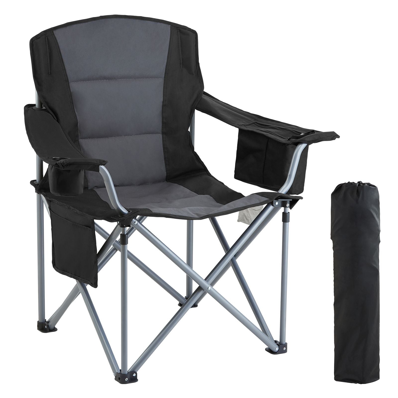 Heavy Duty Folding Camping Chair Padded Cooler Cup Holder 350lb Black