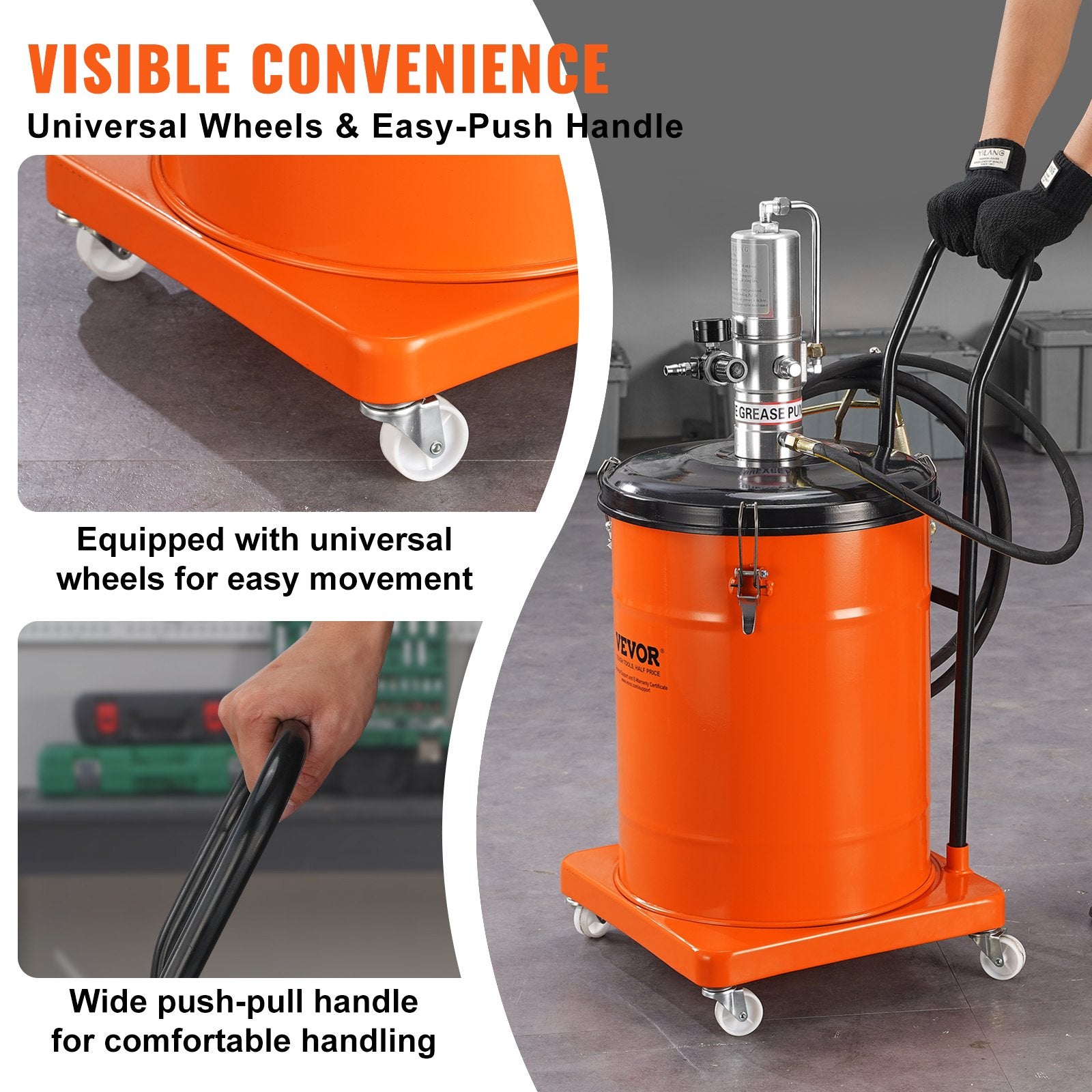 Grease Pump, 40L Capacity, Air Operated Grease Pump with 3.88 m High Pressure Hose and Grease Gun, Pneumatic Grease Bucket Pump with Wheels, Portable Lubrication Grease Pump 50:1 Pressure Ratio