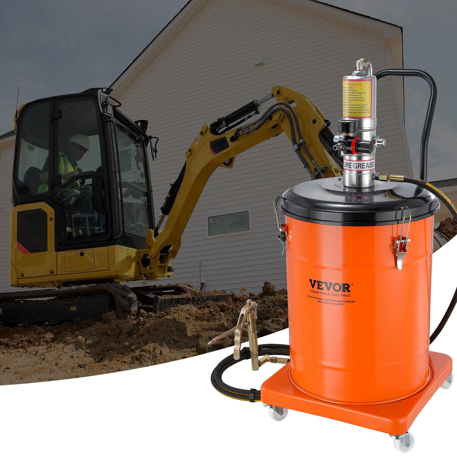 Grease Pump, 40L Capacity, Air Operated Grease Pump with 3.88 m High Pressure Hose and Grease Gun, Pneumatic Grease Bucket Pump with Wheels, Portable Lubrication Grease Pump 50:1 Pressure Ratio