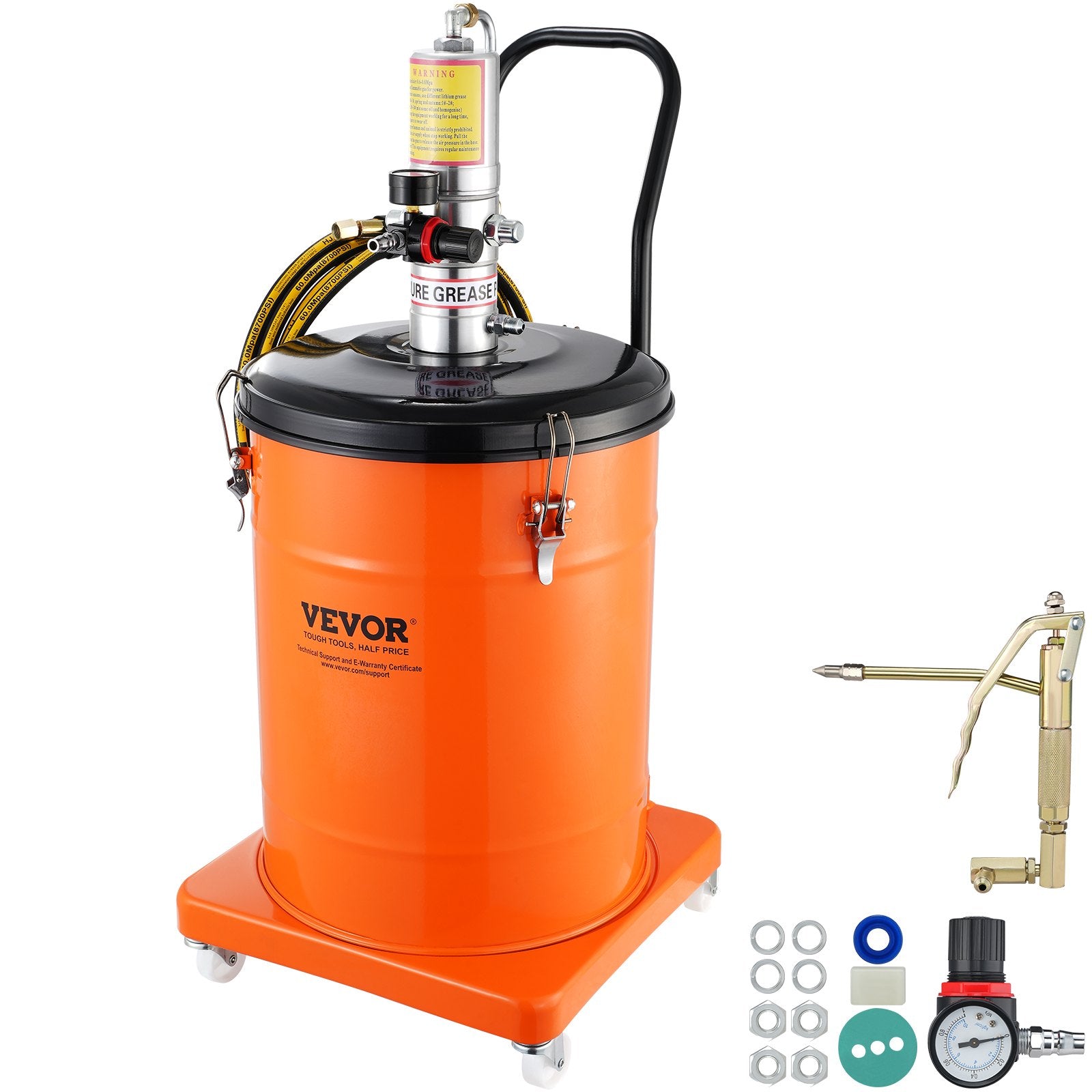 Grease Pump, 40L Capacity, Air Operated Grease Pump with 3.88 m High Pressure Hose and Grease Gun, Pneumatic Grease Bucket Pump with Wheels, Portable Lubrication Grease Pump 50:1 Pressure Ratio