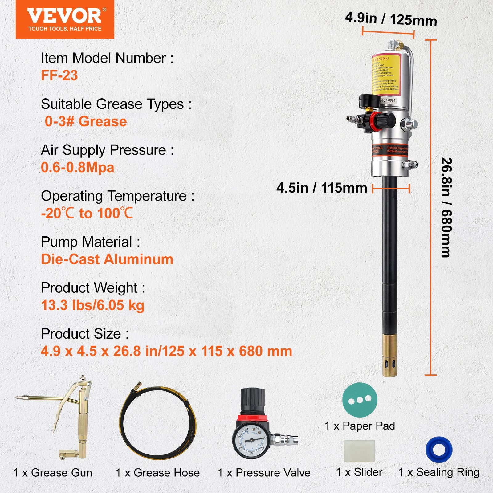 Grease Pump, 50:1 Pressure Ratio Air Operated Grease Pump with 3.88 m High Pressure Hose and Grease Gun, Pneumatic Grease Pump, Portable Lubrication Grease Pump with 360° Swivel Grease Gun Head