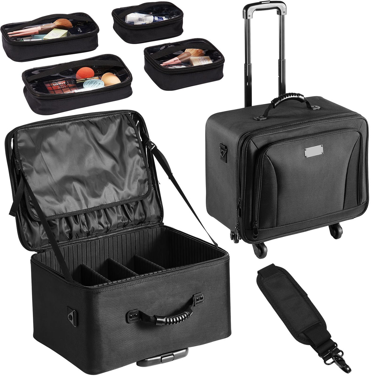 Rolling Makeup Train Case 3 Tier Cosmetic Storage Organizer with Wheels Black