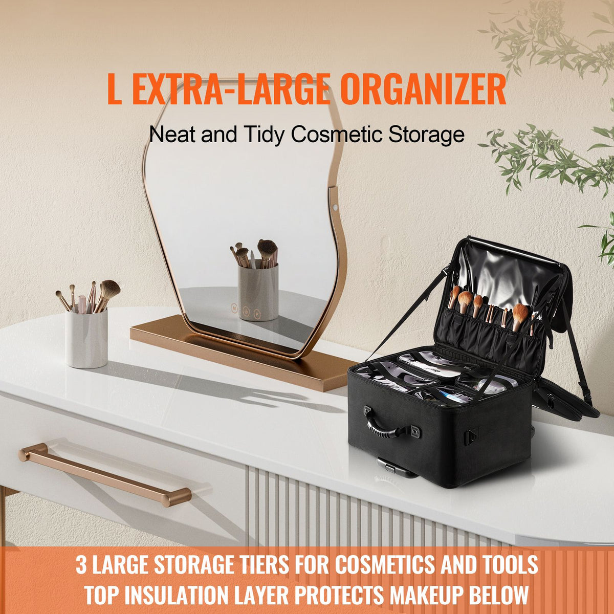Rolling Makeup Train Case 3 Tier Cosmetic Storage Organizer with Wheels Black