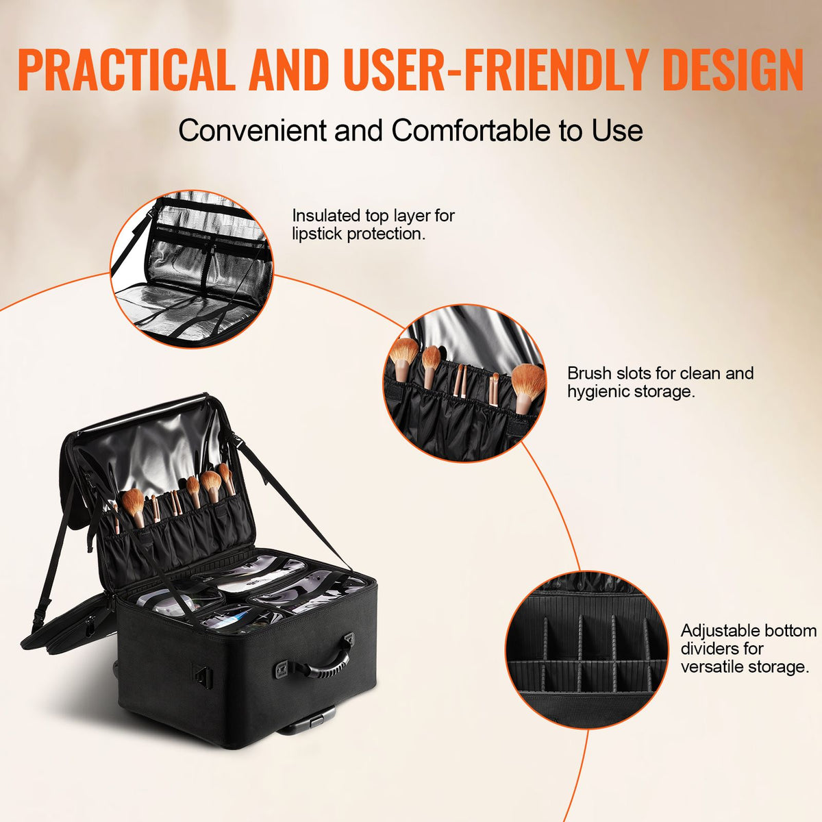 Rolling Makeup Train Case 3 Tier Cosmetic Storage Organizer with Wheels Black