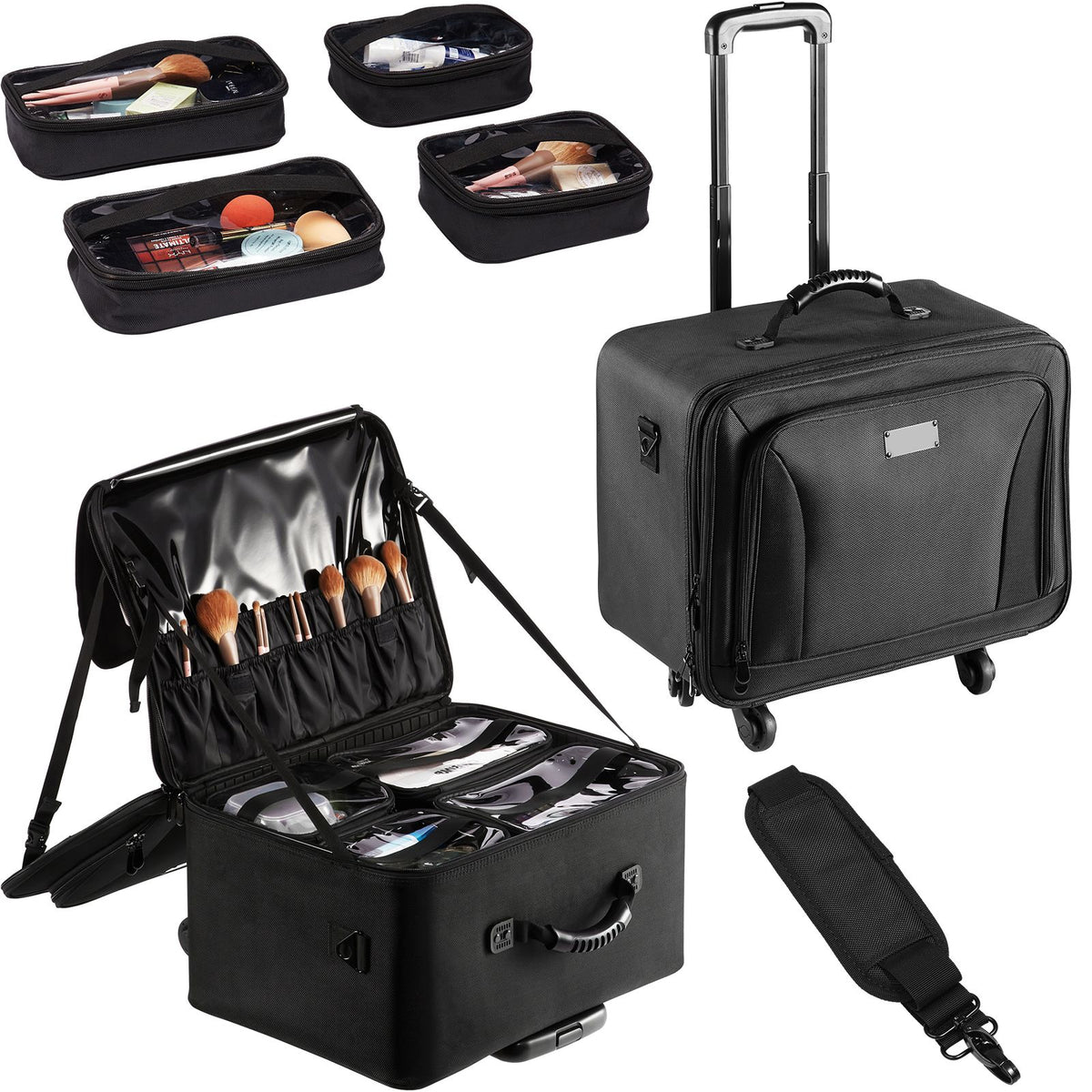 Rolling Makeup Train Case 3 Tier Cosmetic Storage Organizer with Wheels Black