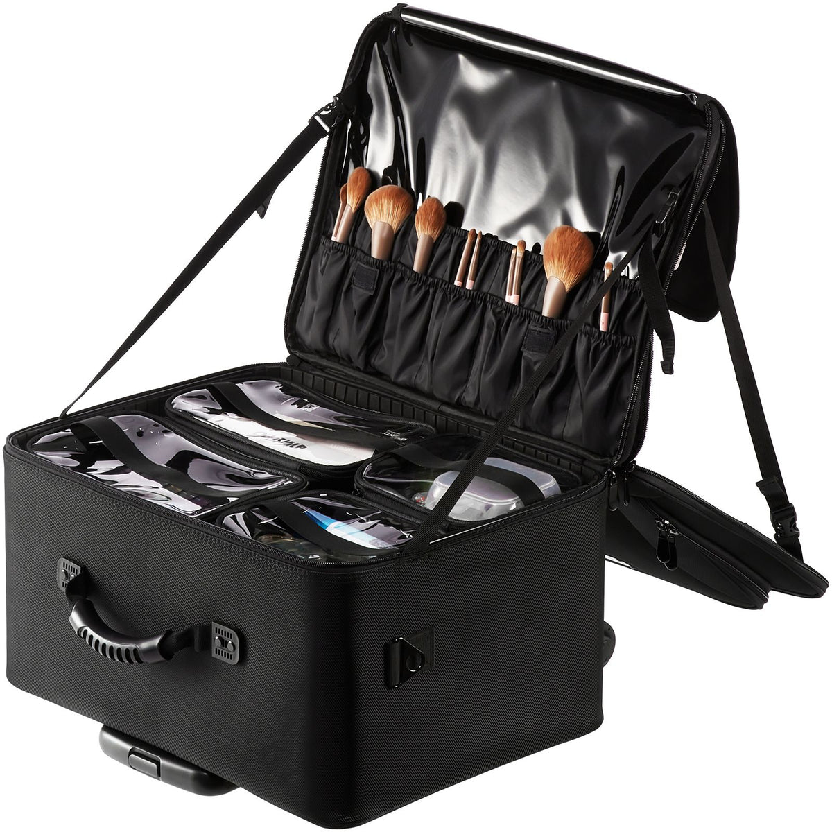 Rolling Makeup Train Case 3 Tier Cosmetic Storage Organizer with Wheels Black