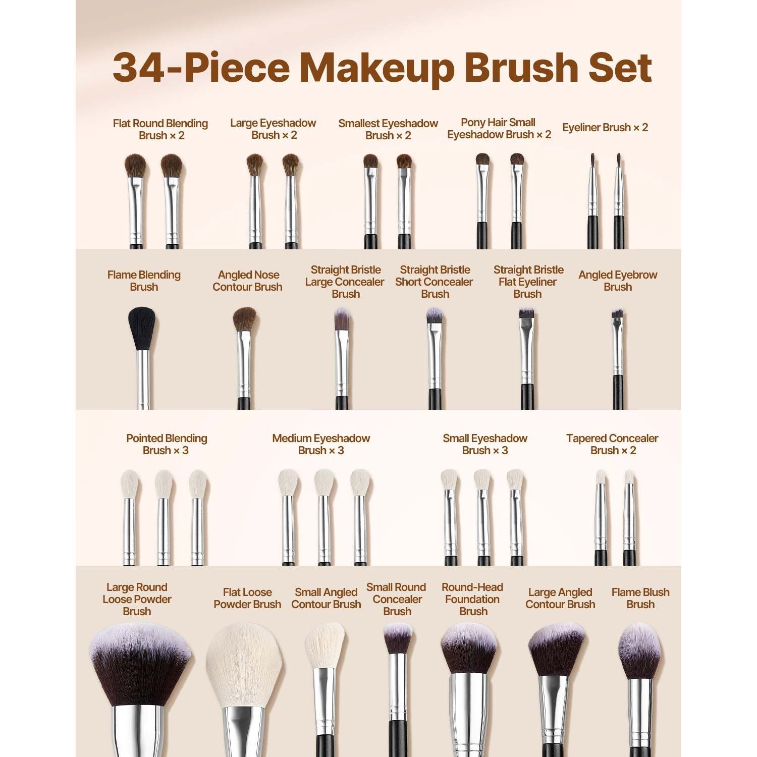 34 Piece Professional Makeup Brush Set with Travel Case & Wooden Handles