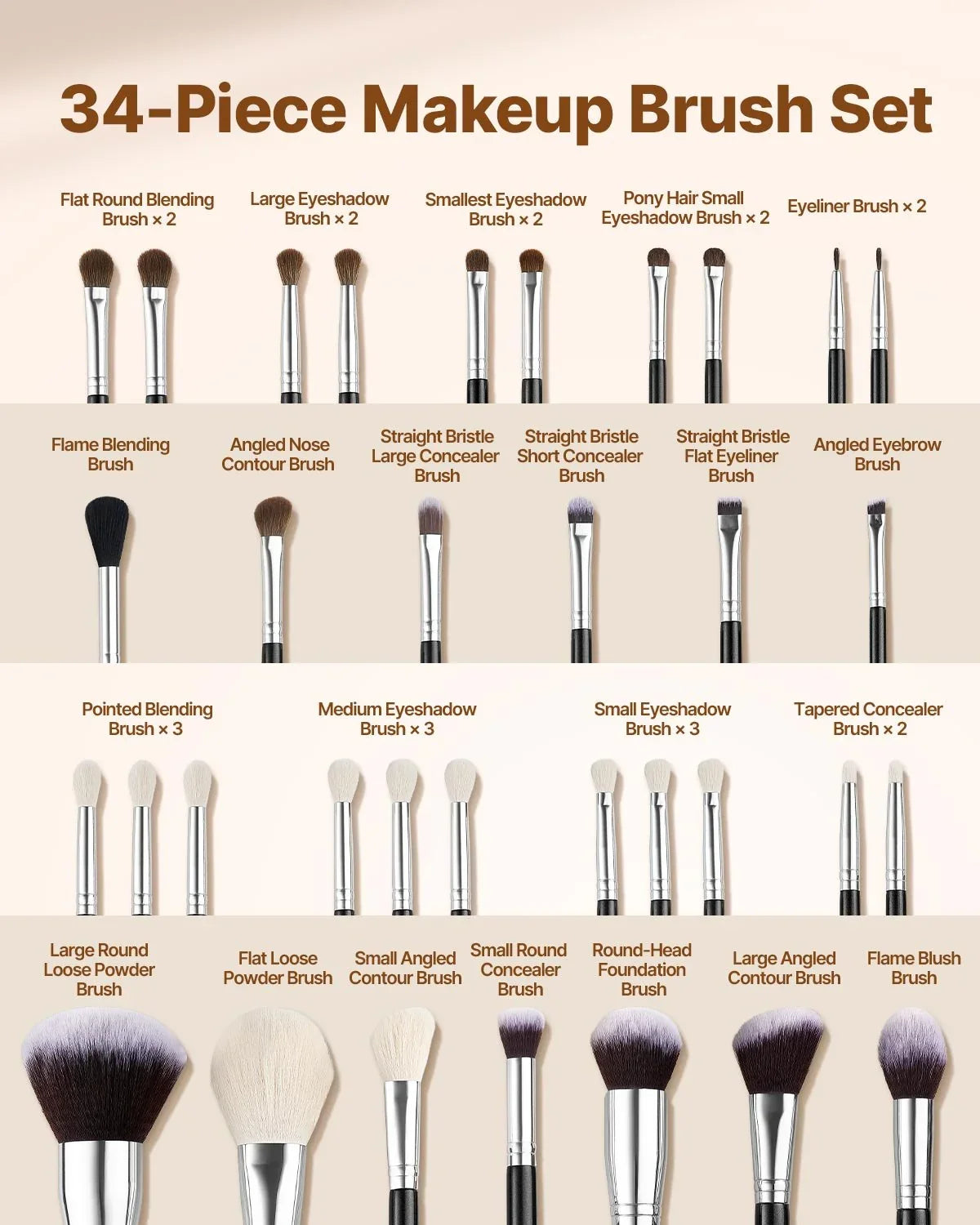 34-Piece Makeup Brush Set, Professional Brushes Kit for Foundation Blending Eyeshadow Concealer Blush - with Soft Bristles, Ergonomic Wood Handle, Travel-Friendly Case Included