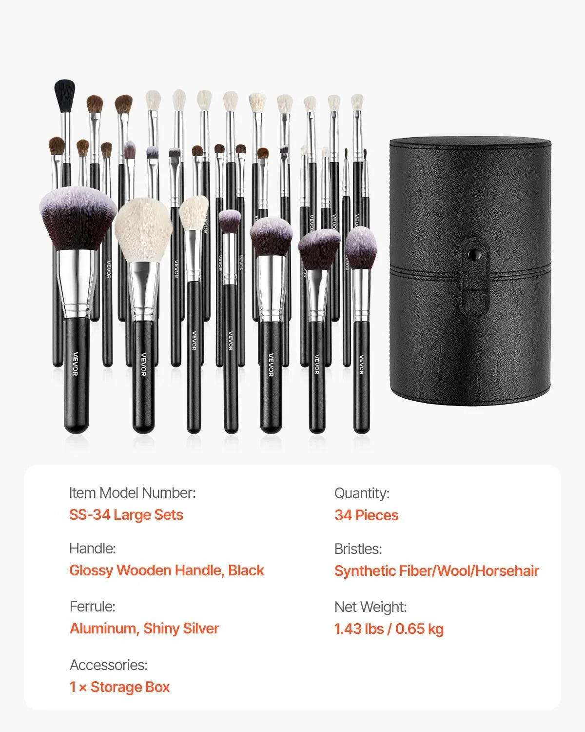 34-Piece Makeup Brush Set, Professional Brushes Kit for Foundation Blending Eyeshadow Concealer Blush - with Soft Bristles, Ergonomic Wood Handle, Travel-Friendly Case Included