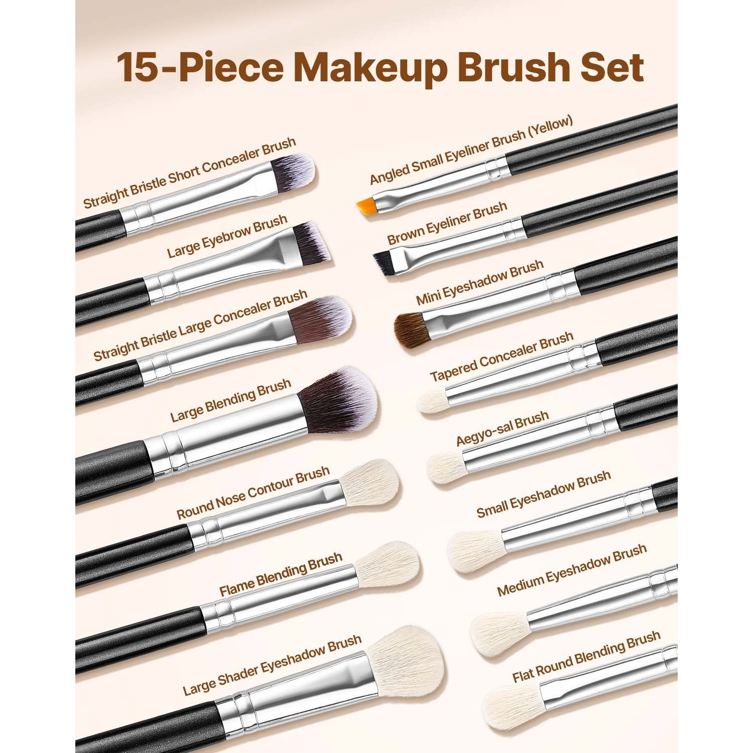 15PCS Makeup Brush Set Vegan Synthetic Foundation Eyeshadow Travel Kit