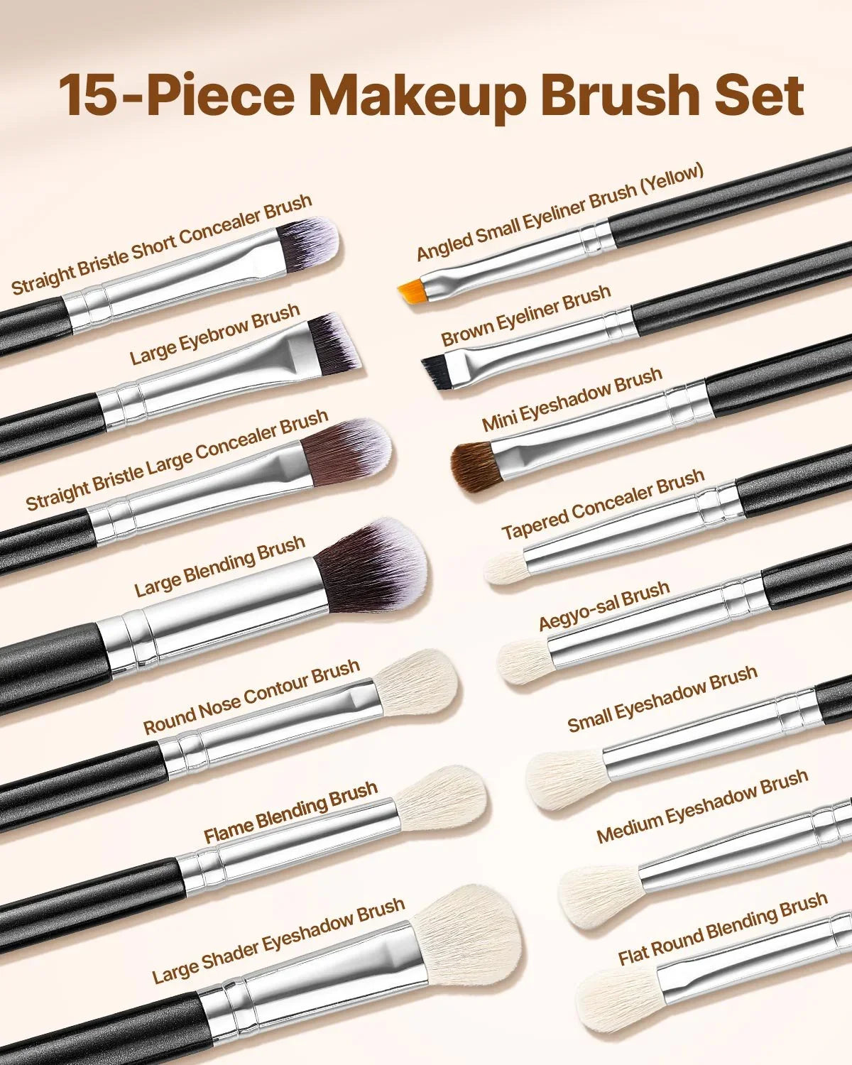 15-Piece Makeup Brush Set for Foundation Blending Eyeshadow, Professional Vegan Brushes with Soft Synthetic Bristles, Ergonomic Wood Handle & Aluminum Ferrule, Portable and Travel-Friendly