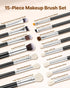 15-Piece Makeup Brush Set for Foundation Blending Eyeshadow, Professional Vegan Brushes with Soft Synthetic Bristles, Ergonomic Wood Handle & Aluminum Ferrule, Portable and Travel-Friendly