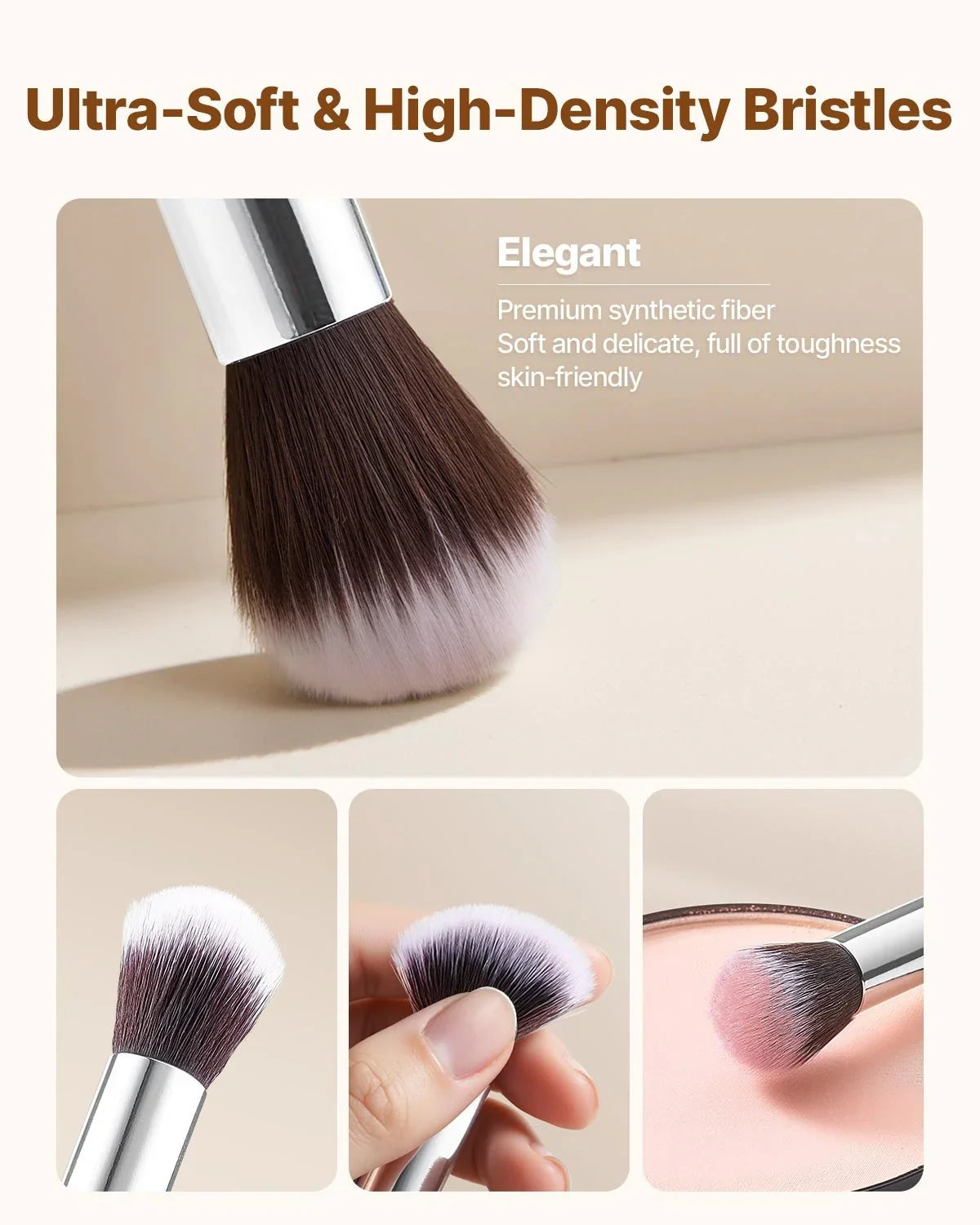 15-Piece Makeup Brush Set for Foundation Blending Eyeshadow, Professional Vegan Brushes with Soft Synthetic Bristles, Ergonomic Wood Handle & Aluminum Ferrule, Portable and Travel-Friendly