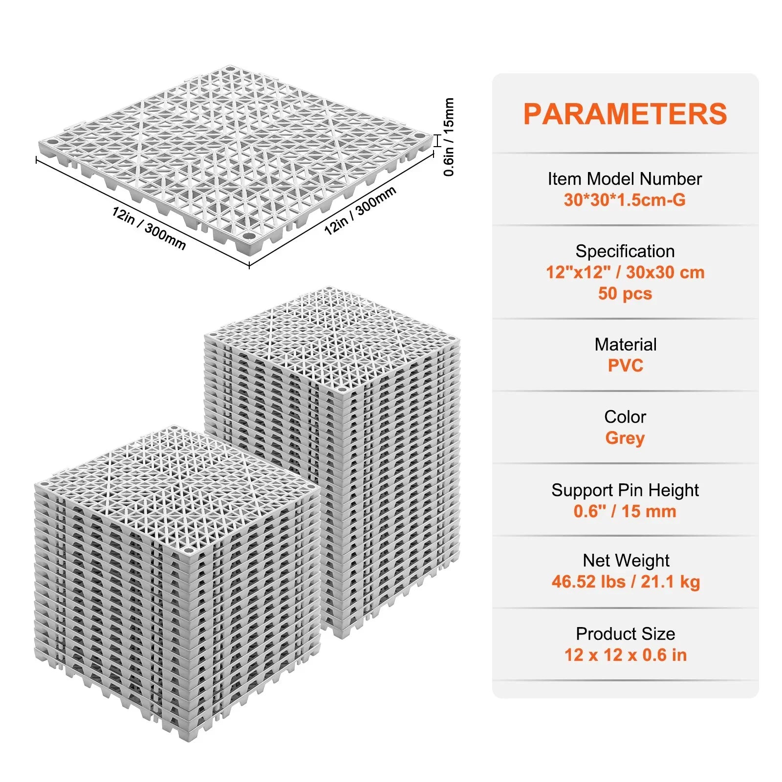 Modular Interlocking Cushion, 50 Pack 30 x 30 cm Splicing Drainage Mats, Soft PVC Interlocking Drainage Floor Tiles, Non-Slip Drainage Holes for Restroom, Bathroom, Kitchen, Pool, Wet Area, Gray