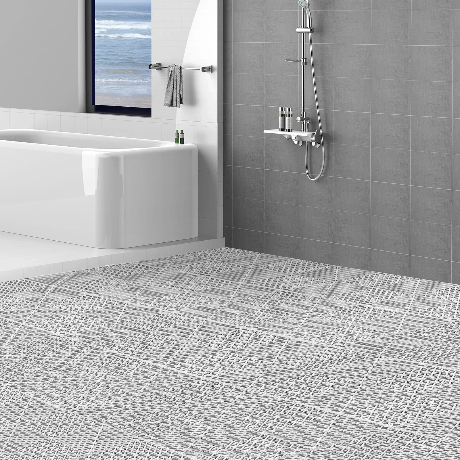 Modular Interlocking Cushion, 50 Pack 30 x 30 cm Splicing Drainage Mats, Soft PVC Interlocking Drainage Floor Tiles, Non-Slip Drainage Holes for Restroom, Bathroom, Kitchen, Pool, Wet Area, Gray