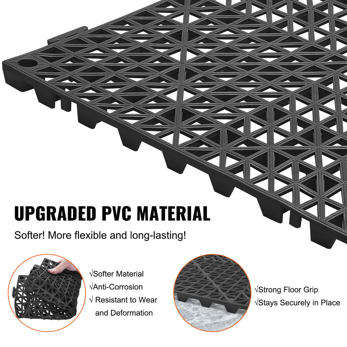 Modular Interlocking Cushion, 55 Pack 30 x 30 cm Splicing Drainage Mats, PVC Interlocking Drainage Floor Tiles, Non-Slip Drainage Holes for Restroom, Bathroom, Kitchen, Pool, Wet Area, Black