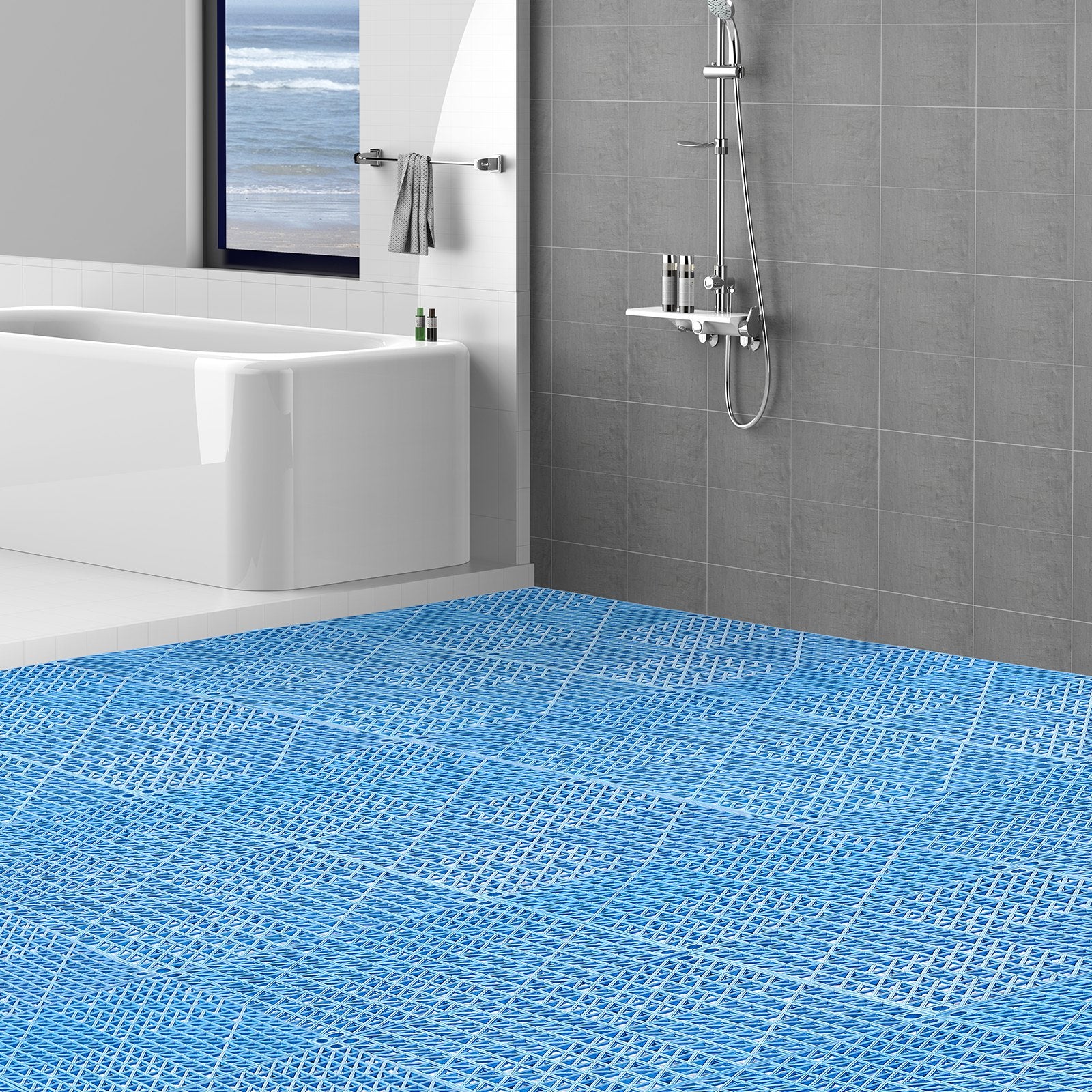 Modular Interlocking Cushion, 55 Pack 30 x 30 cm Splicing Drainage Mats, Soft PVC Interlocking Drainage Floor Tiles, Non-Slip Drainage Holes for Restroom, Bathroom, Kitchen, Pool, Wet Area, Blue