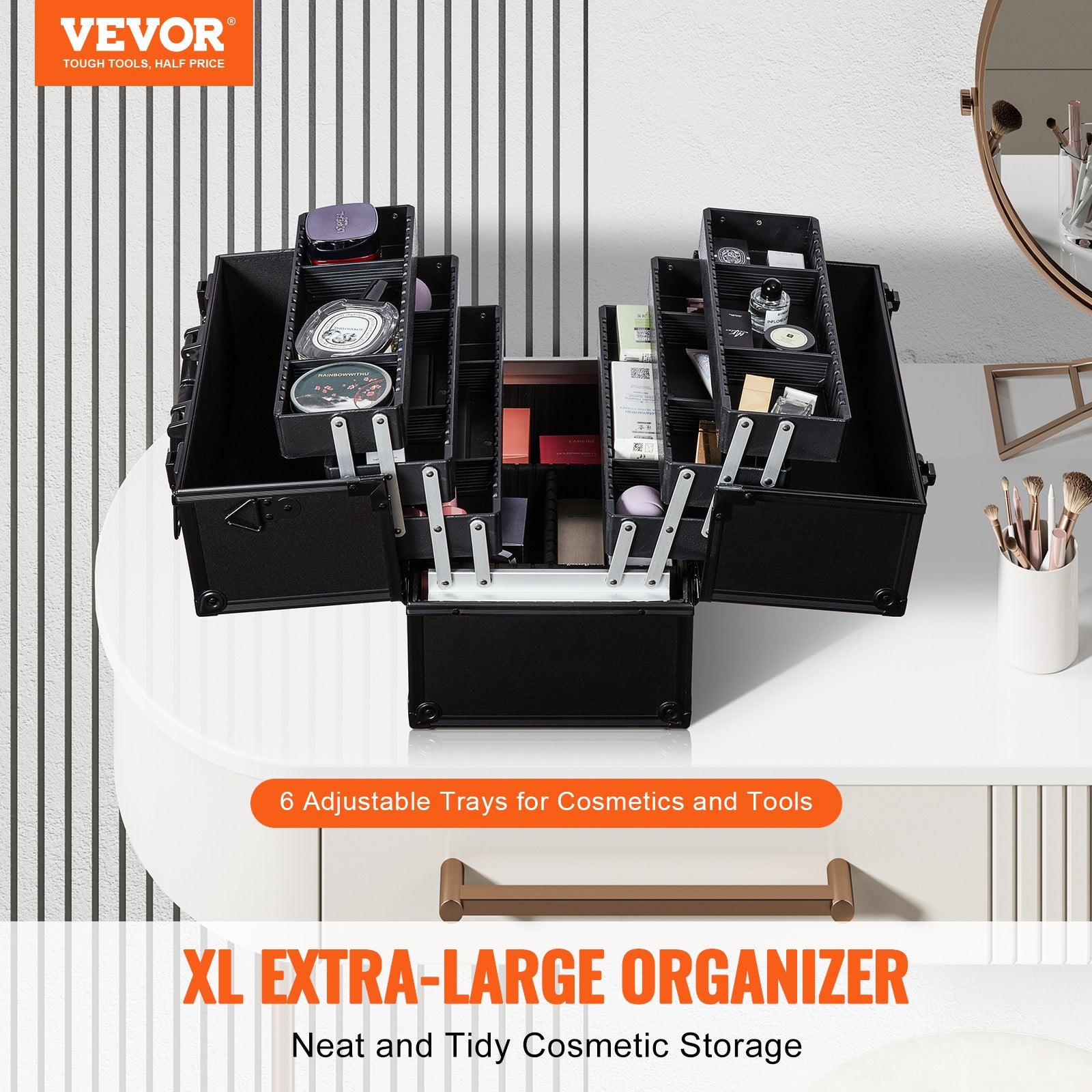 Makeup Train Case 370MM Large Portable Cosmetic Case, 6 Tier Trays Professional Makeup Storage Organizer Box Make Up Carrier with Handle And Strap Travel Case for Women and Girls - Black