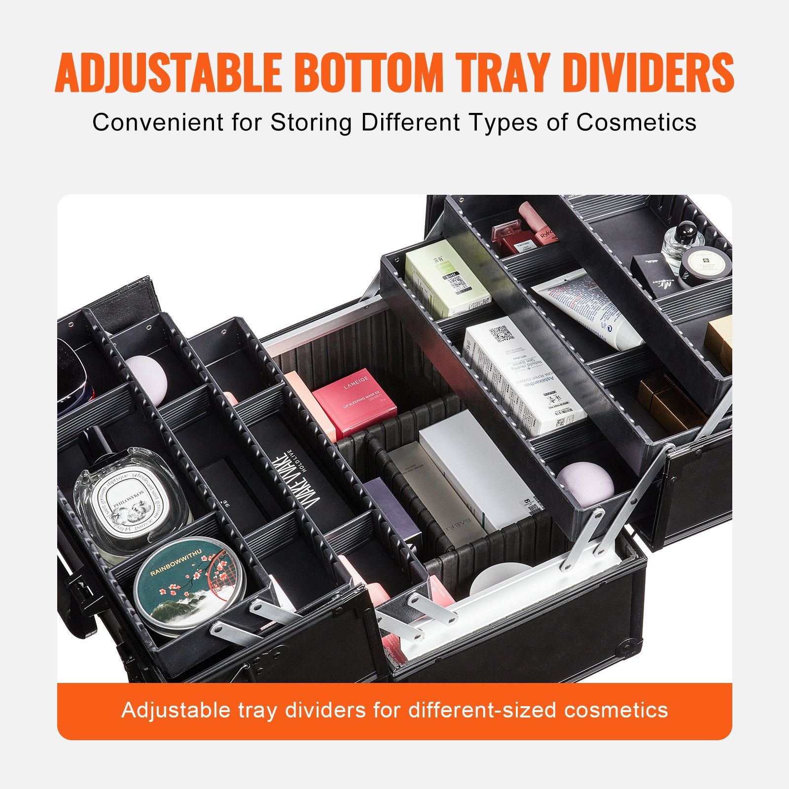 Makeup Train Case 370MM Large Portable Cosmetic Case, 6 Tier Trays Professional Makeup Storage Organizer Box Make Up Carrier with Handle And Strap Travel Case for Women and Girls - Black