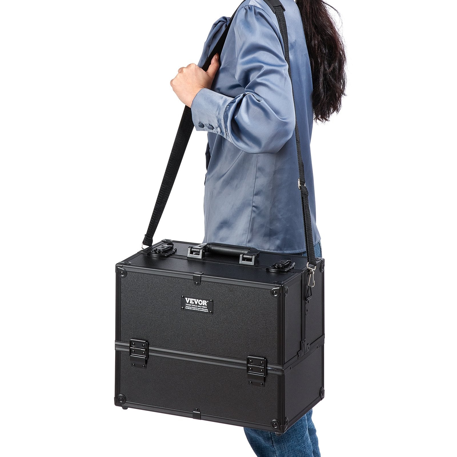 Makeup Train Case 370MM Large Portable Cosmetic Case, 6 Tier Trays Professional Makeup Storage Organizer Box Make Up Carrier with Handle And Strap Travel Case for Women and Girls - Black