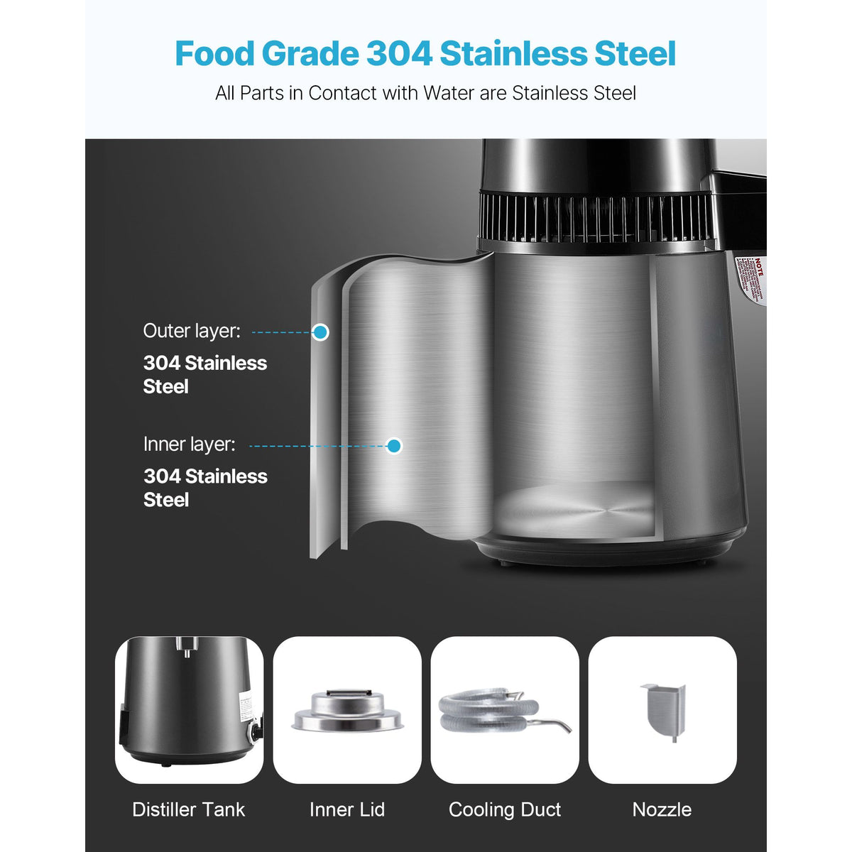 Water Distiller, 4L 1.1 Gallon Pure Water Purifier Filter For Home Table Countertop, 1750W Distilled Maker with Glass Pot, Stainless Steel Interior Drinking Machine to Make Clean Waters, Grey