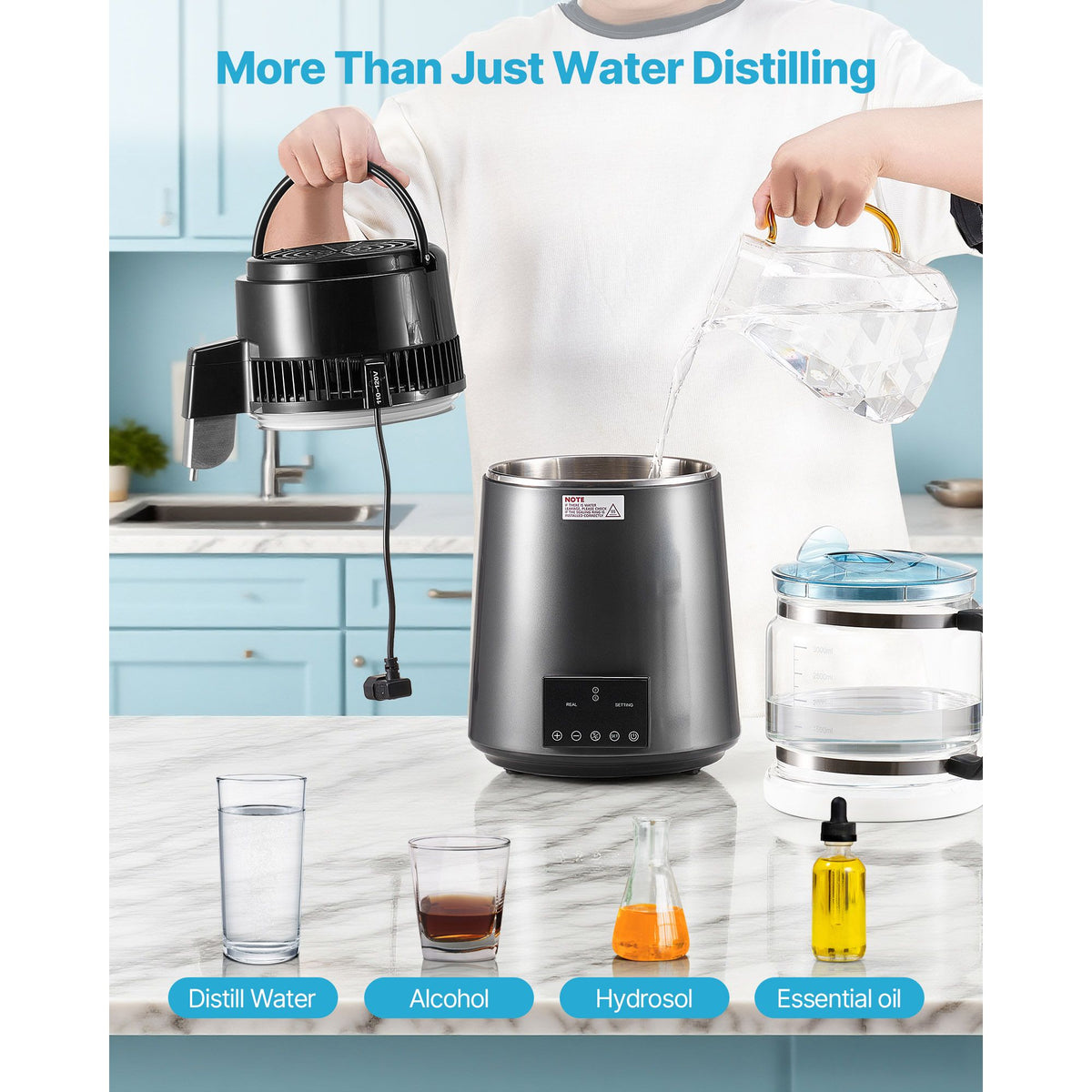 Water Distiller, 4L 1.1 Gallon Pure Water Purifier Filter For Home Table Countertop, 1750W Distilled Maker with Glass Pot, Stainless Steel Interior Drinking Machine to Make Clean Waters, Grey