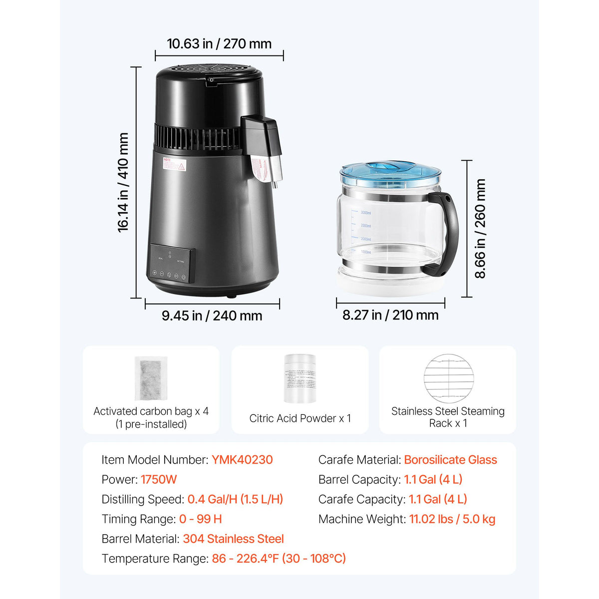 Water Distiller, 4L 1.1 Gallon Pure Water Purifier Filter For Home Table Countertop, 1750W Distilled Maker with Glass Pot, Stainless Steel Interior Drinking Machine to Make Clean Waters, Grey