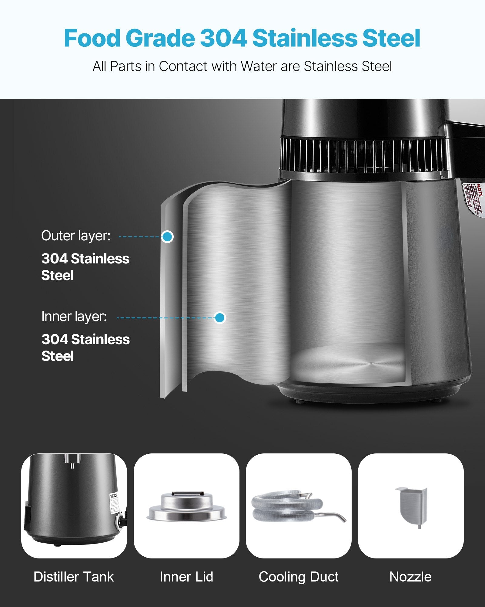 Water Distiller, 4L 1.1 Gallon Pure Water Purifier Filter For Home Table Countertop, 1750W Distilled Maker with Glass Pot, Stainless Steel Interior Drinking Machine to Make Clean Waters, Grey