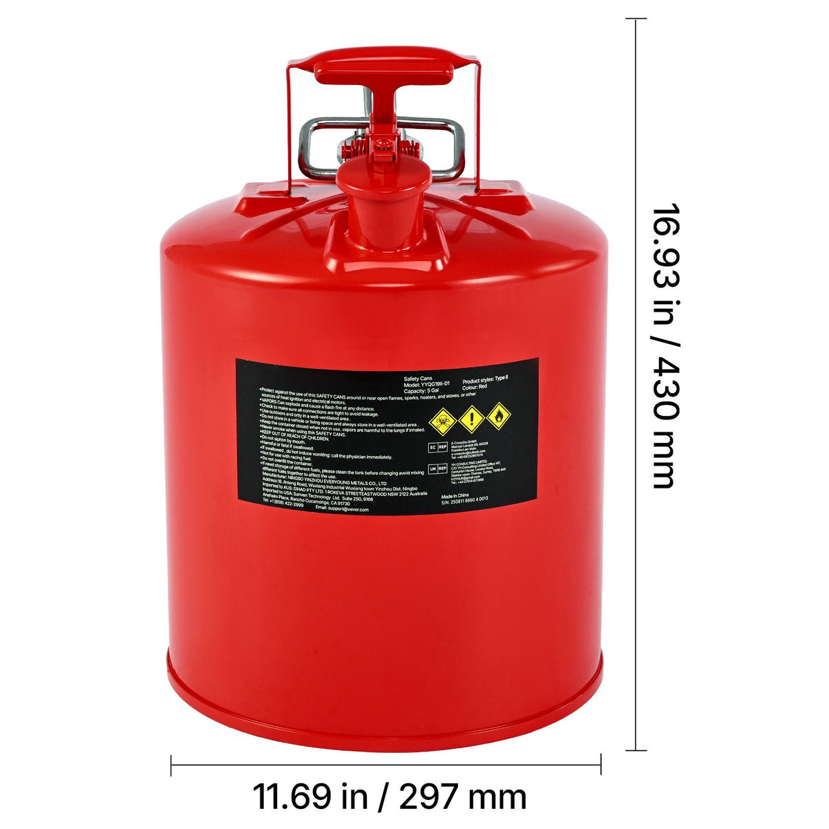 19L Type II Safety Gas Can Red Metal Fuel Storage with Spout