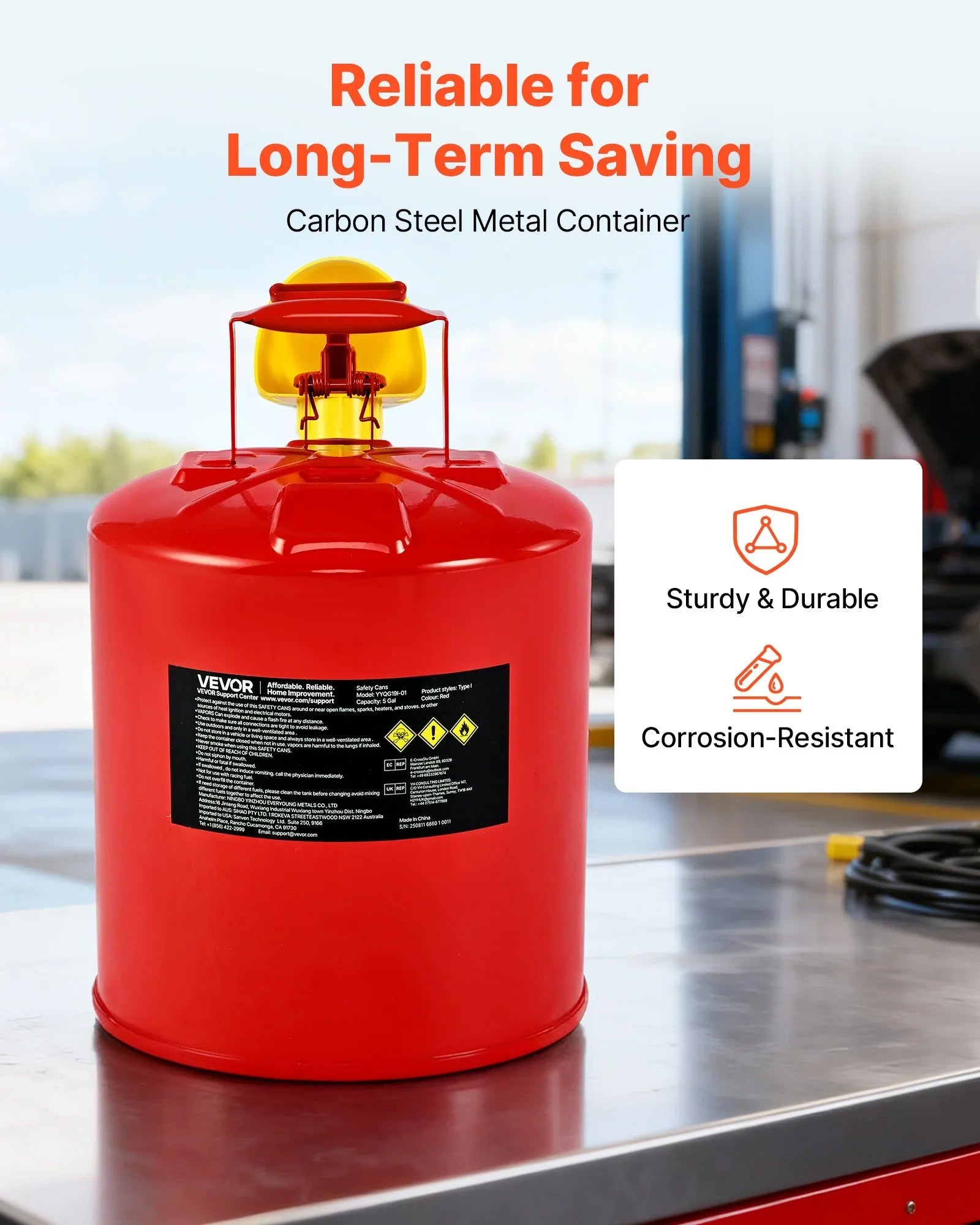 Safety Gas Can, 19 L Type I Red Safety Can for Gasoline with Stainless Steel Flame Arrester, Self-Closing Lid, and PE Funnel, Carbon Steel Flammable Fuel Storage Container with Ergonomic Handle