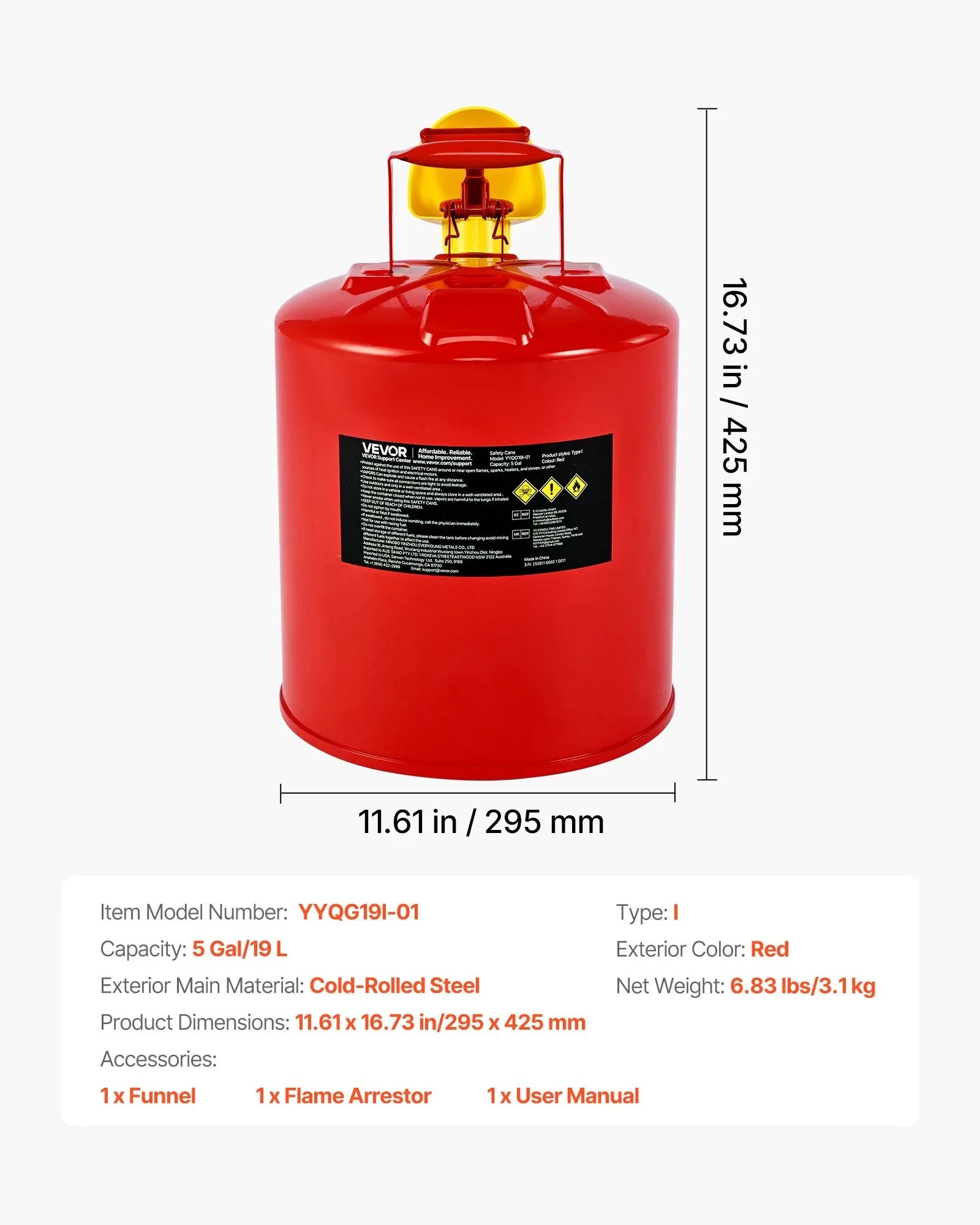 Safety Gas Can, 19 L Type I Red Safety Can for Gasoline with Stainless Steel Flame Arrester, Self-Closing Lid, and PE Funnel, Carbon Steel Flammable Fuel Storage Container with Ergonomic Handle