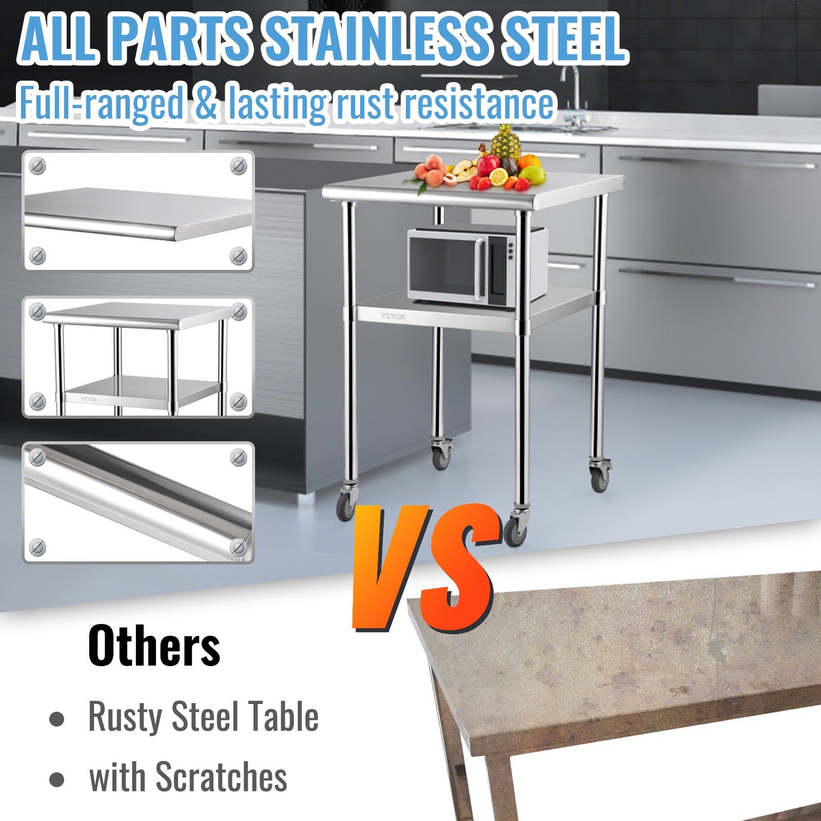 Stainless Steel Prep Table, 61 x 61 x 91.4 cm, 600lbs Load Capacity Heavy Duty Metal Worktable with Adjustable Undershelf & Universal Wheels, Commercial Workstation for Kitchen Garage Backyard