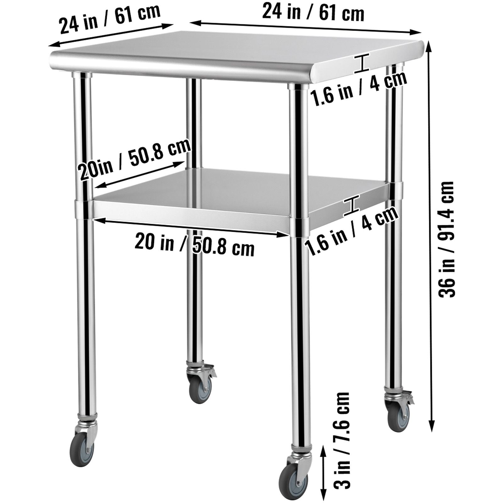 Stainless Steel Prep Table, 61 x 61 x 91.4 cm, 600lbs Load Capacity Heavy Duty Metal Worktable with Adjustable Undershelf & Universal Wheels, Commercial Workstation for Kitchen Garage Backyard