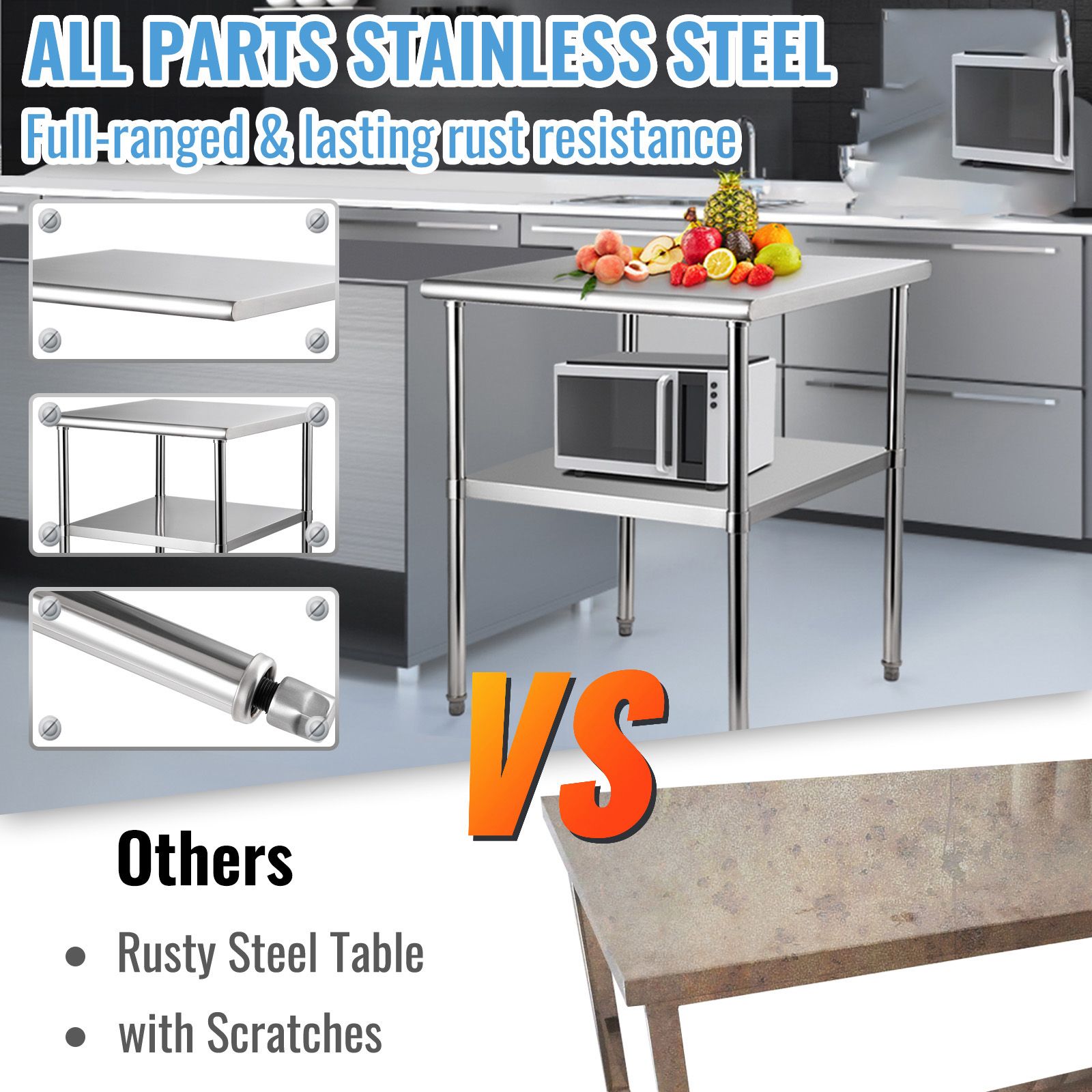 Stainless Steel Work Prep Table Commercial Food Prep Table 30x30x36in