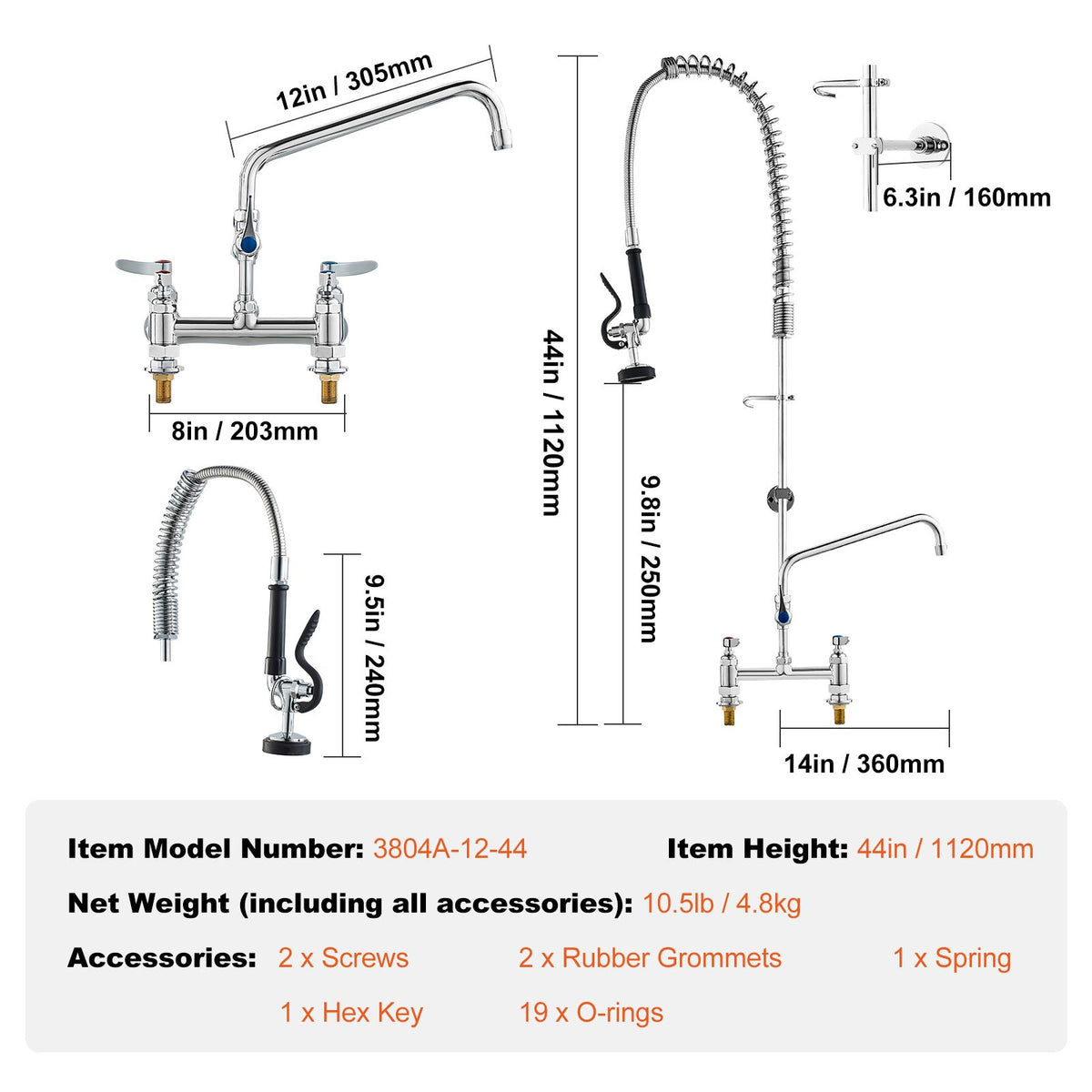 Commercial Faucet with Pre-Rinse Sprayer, 44