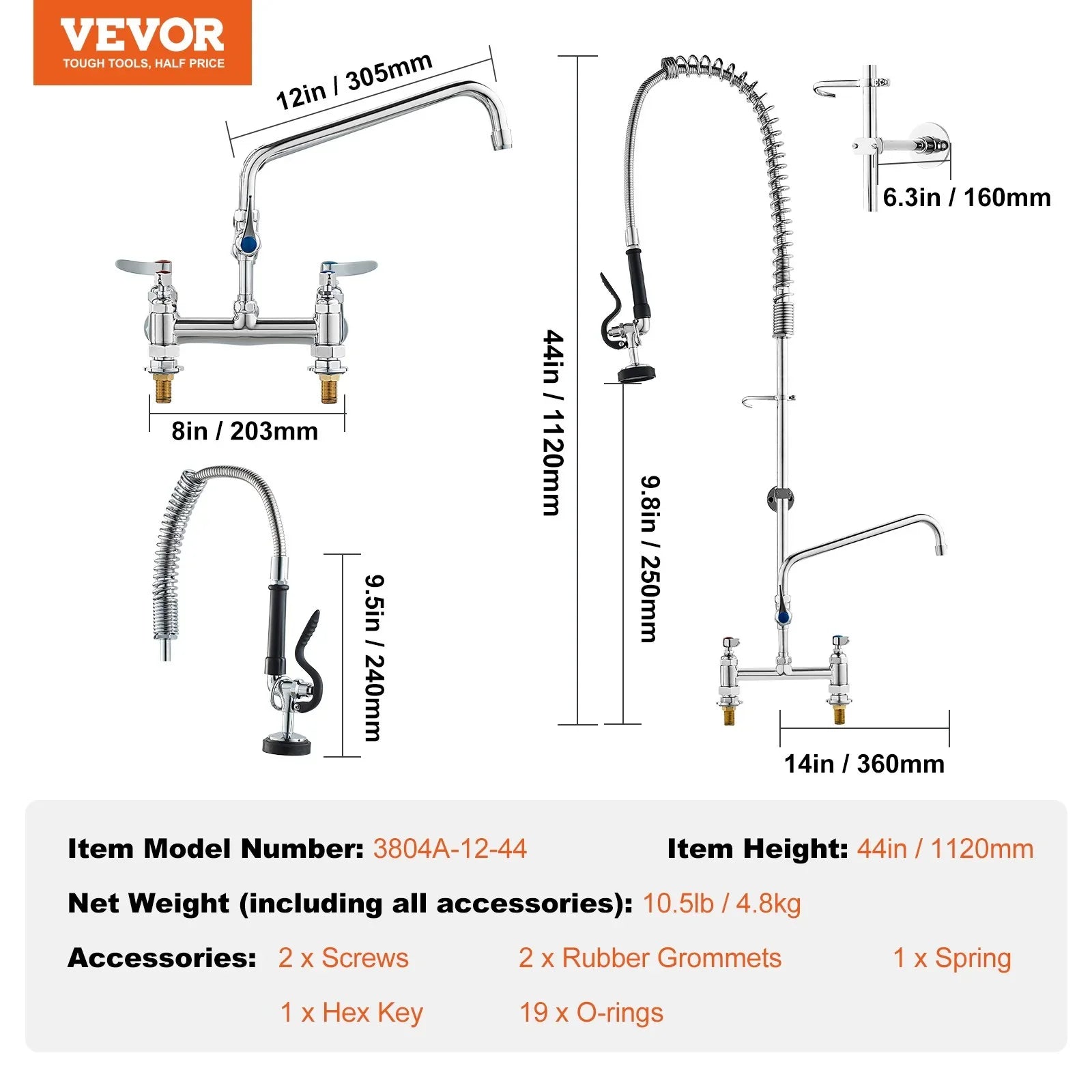 Commercial Faucet with Pre-Rinse Sprayer, 44