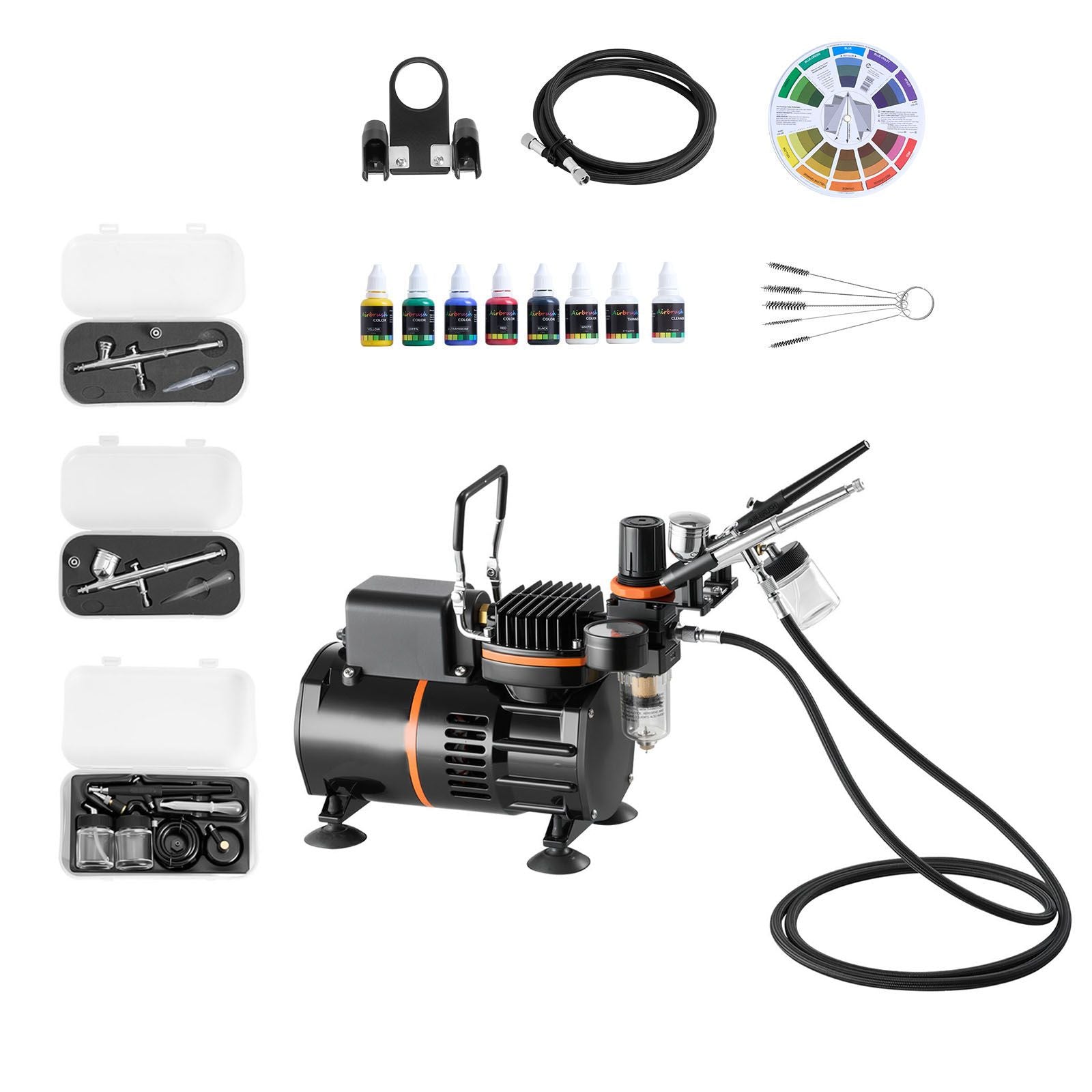 Airbrush Kit, 1/6 HP, Air Brush Kit with Air Compressor, 3 Dual-Action Professional Airbrushes with 3 Tips, Hose, Acrylic Paint, 2 Fans, Low Noise, for Cake Decorating, Model Painting, Nail Art