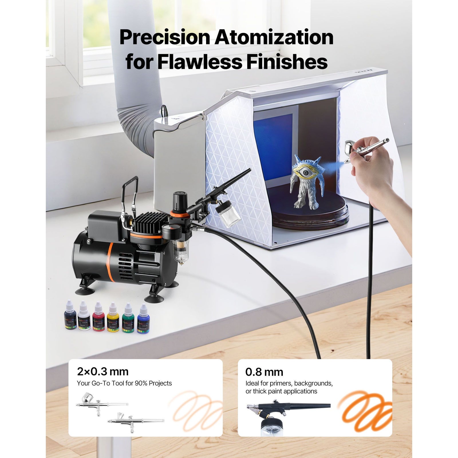 Airbrush Kit, 1/6 HP, Air Brush Kit with Air Compressor, 3 Dual-Action Professional Airbrushes with 3 Tips, Hose, Acrylic Paint, 2 Fans, Low Noise, for Cake Decorating, Model Painting, Nail Art