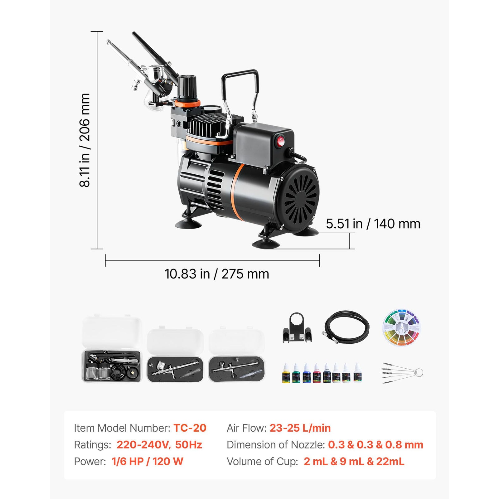 Airbrush Kit, 1/6 HP, Air Brush Kit with Air Compressor, 3 Dual-Action Professional Airbrushes with 3 Tips, Hose, Acrylic Paint, 2 Fans, Low Noise, for Cake Decorating, Model Painting, Nail Art