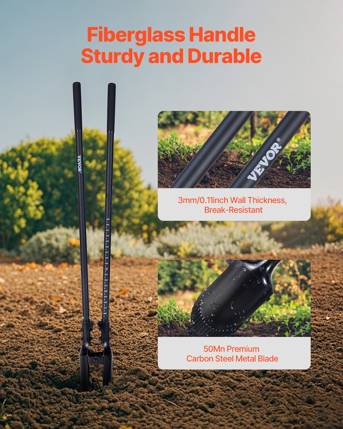 Post Hole Digger, Heavy Duty Post Hole Digger with Fiberglass Handle, Manual Hole Digger with Scale Markings and Metal Blade, Post Hole Digger Tool for Digging Gardening and Outdoors, 1460 mm