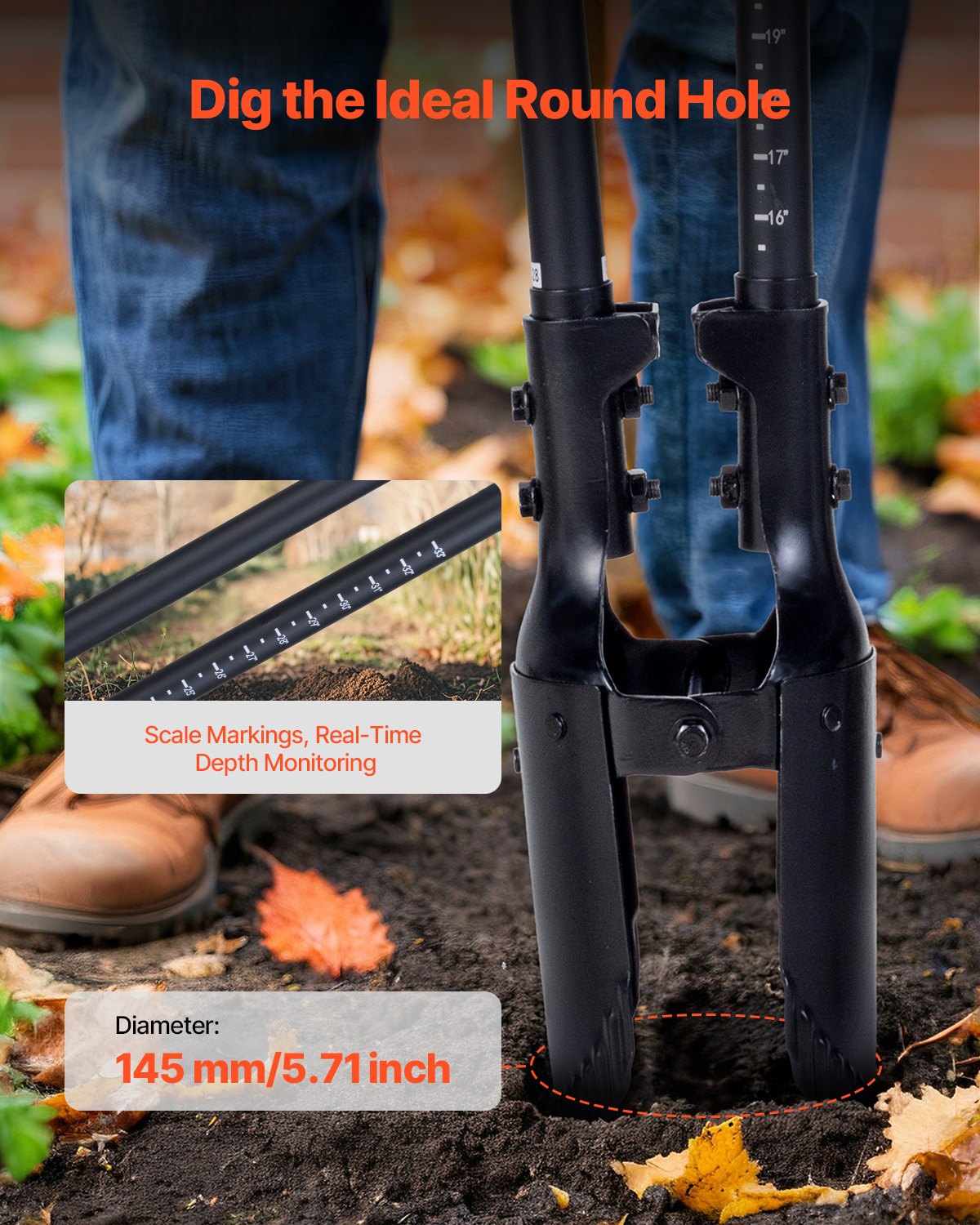 Post Hole Digger, Heavy Duty Post Hole Digger with Fiberglass Handle, Manual Hole Digger with Scale Markings and Metal Blade, Post Hole Digger Tool for Digging Gardening and Outdoors, 1460 mm