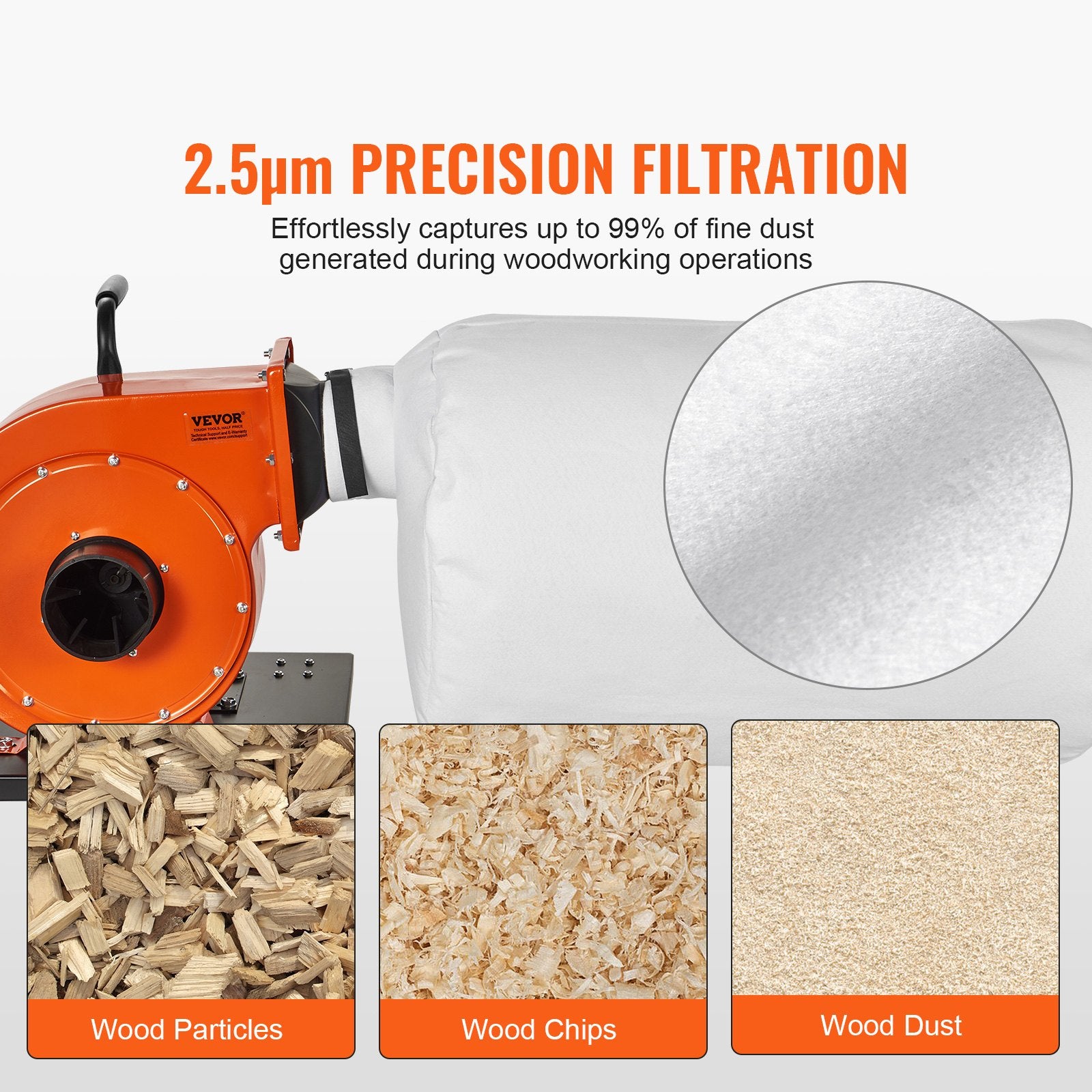 VEVOR Dust Collector, 1HP 460 CFM Air Flow, Rolling Dust Collector with 80L Large Dust Collection Bag, 2.5 Micron Bag Filtration, Industrial Workshop Mobile Wood Dust Container with Handle and Wheels