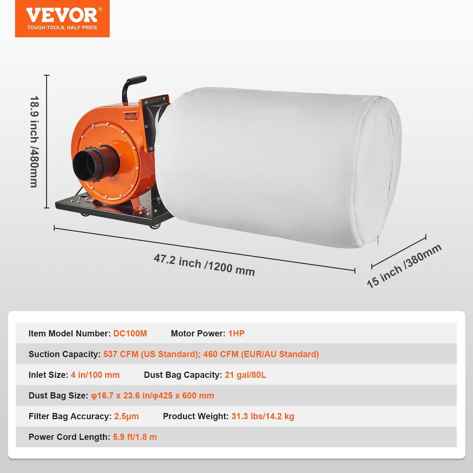 VEVOR Dust Collector, 1HP 460 CFM Air Flow, Rolling Dust Collector with 80L Large Dust Collection Bag, 2.5 Micron Bag Filtration, Industrial Workshop Mobile Wood Dust Container with Handle and Wheels