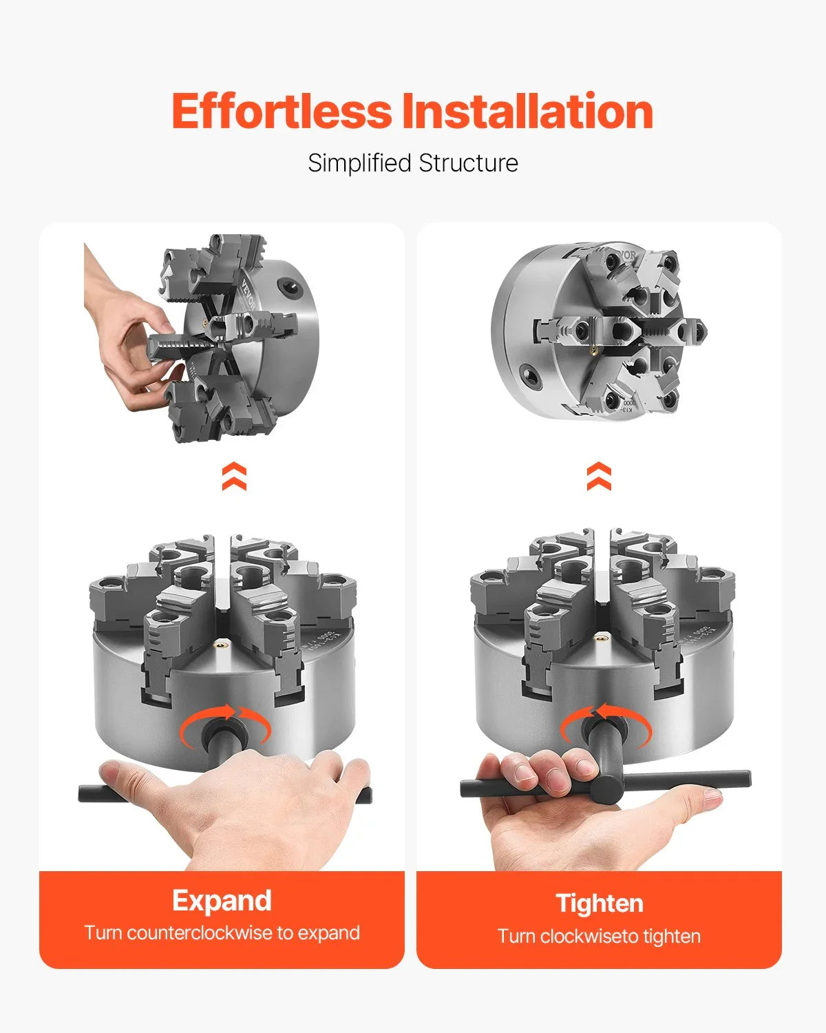 6-Jaw Lathe Chuck, 6 Inch (160 mm), Self-Centering Chuck with D1-4 Cam Lock Backing Plate, 0.12-5.71 in (3-145 mm) Clamping Range with T-wrench Screws, HT300 Material, for Wood Metal Lathe